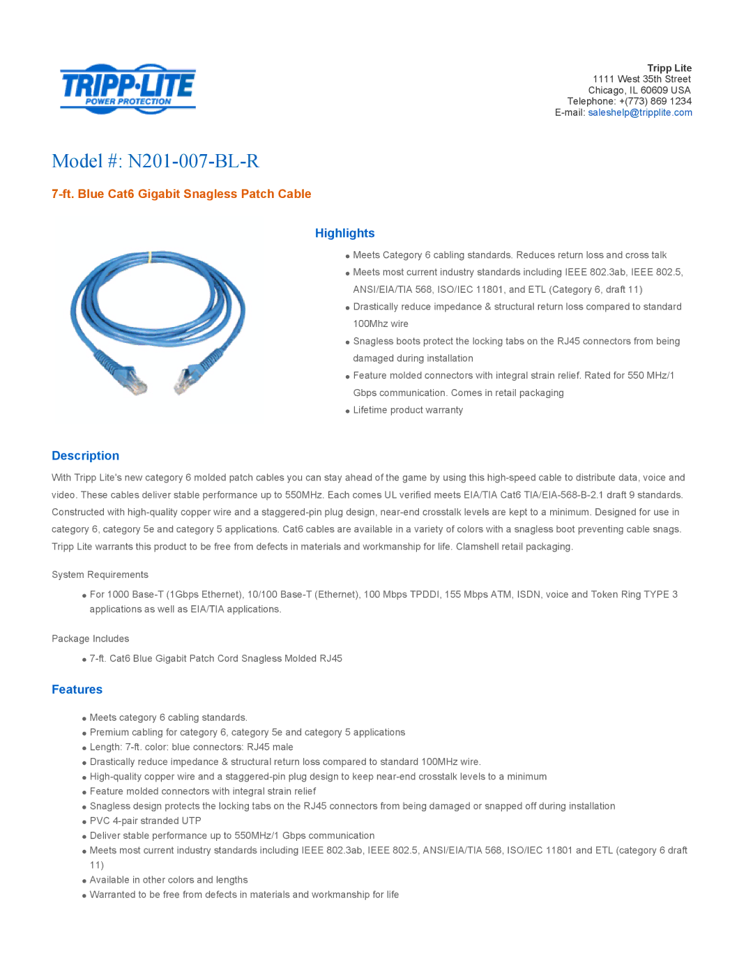 Tripp Lite specifications Model # N201-007-BL-R, Ft. Blue Cat6 Gigabit Snagless Patch Cable, Highlights, Description 