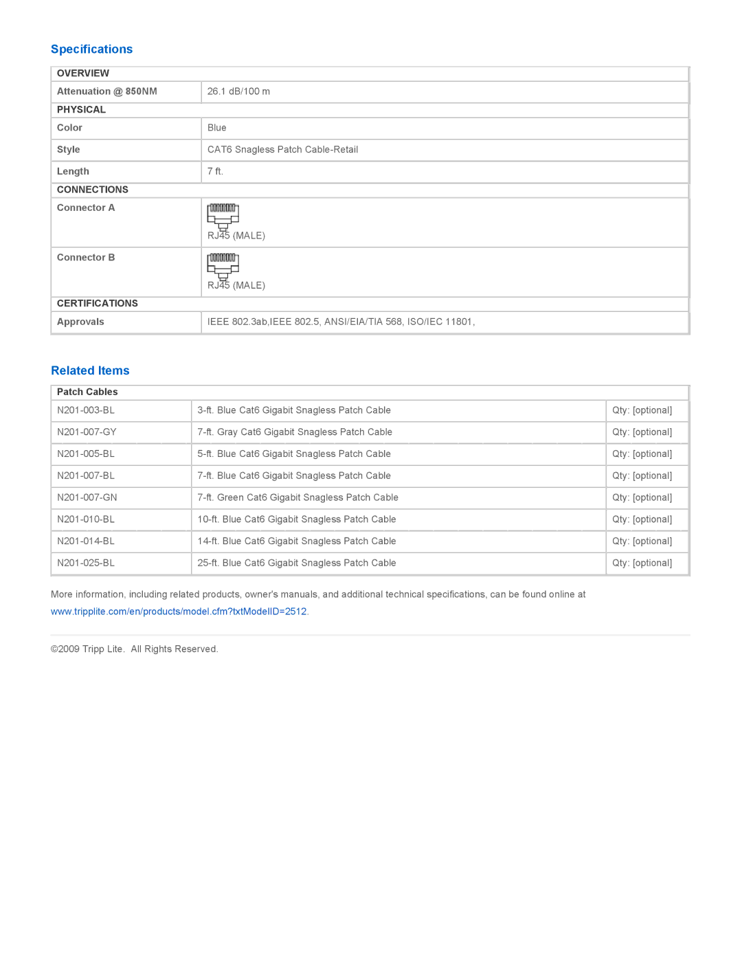 Tripp Lite N201-007-BL-R specifications Specifications, Related Items, Patch Cables 