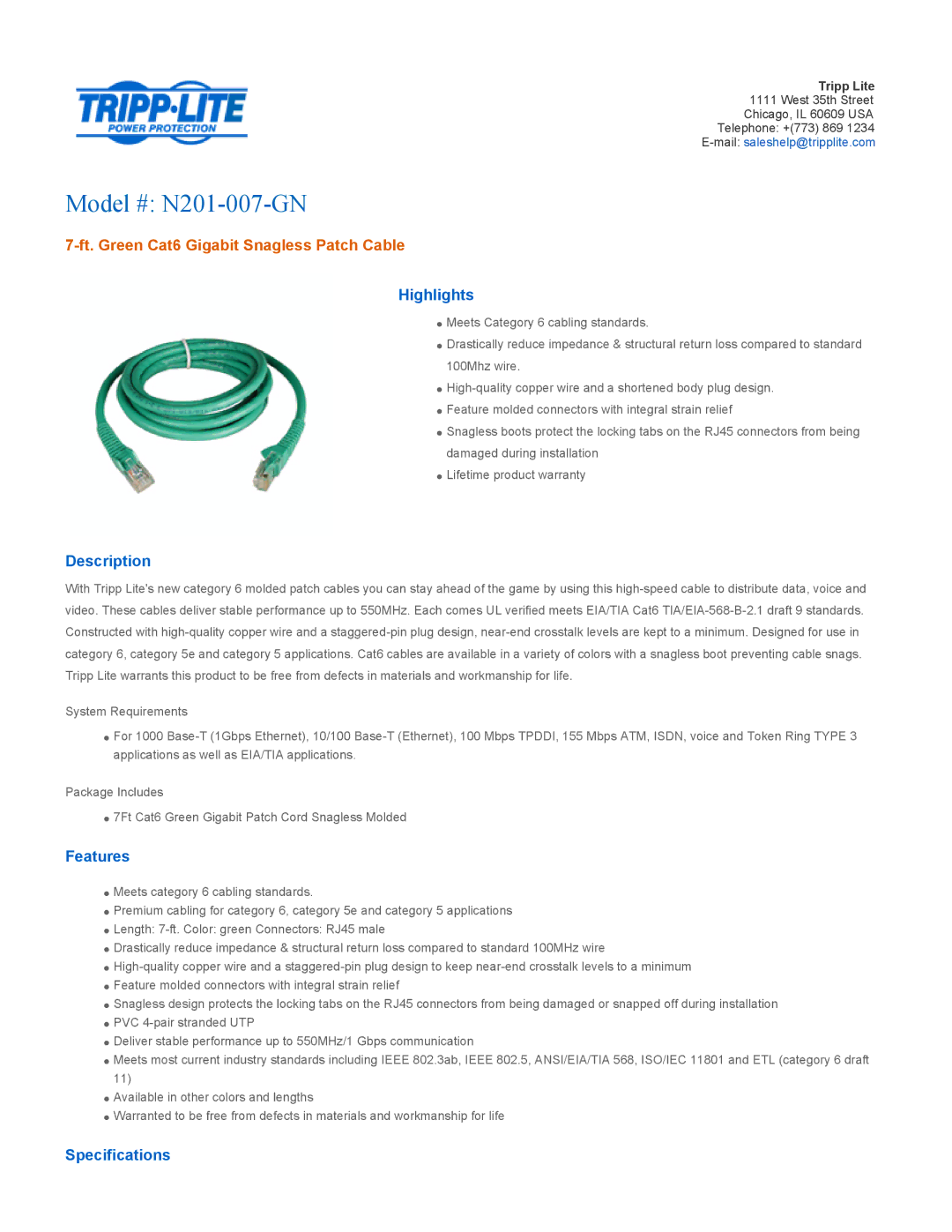 Tripp Lite specifications Model # N201-007-GN, Ft. Green Cat6 Gigabit Snagless Patch Cable 