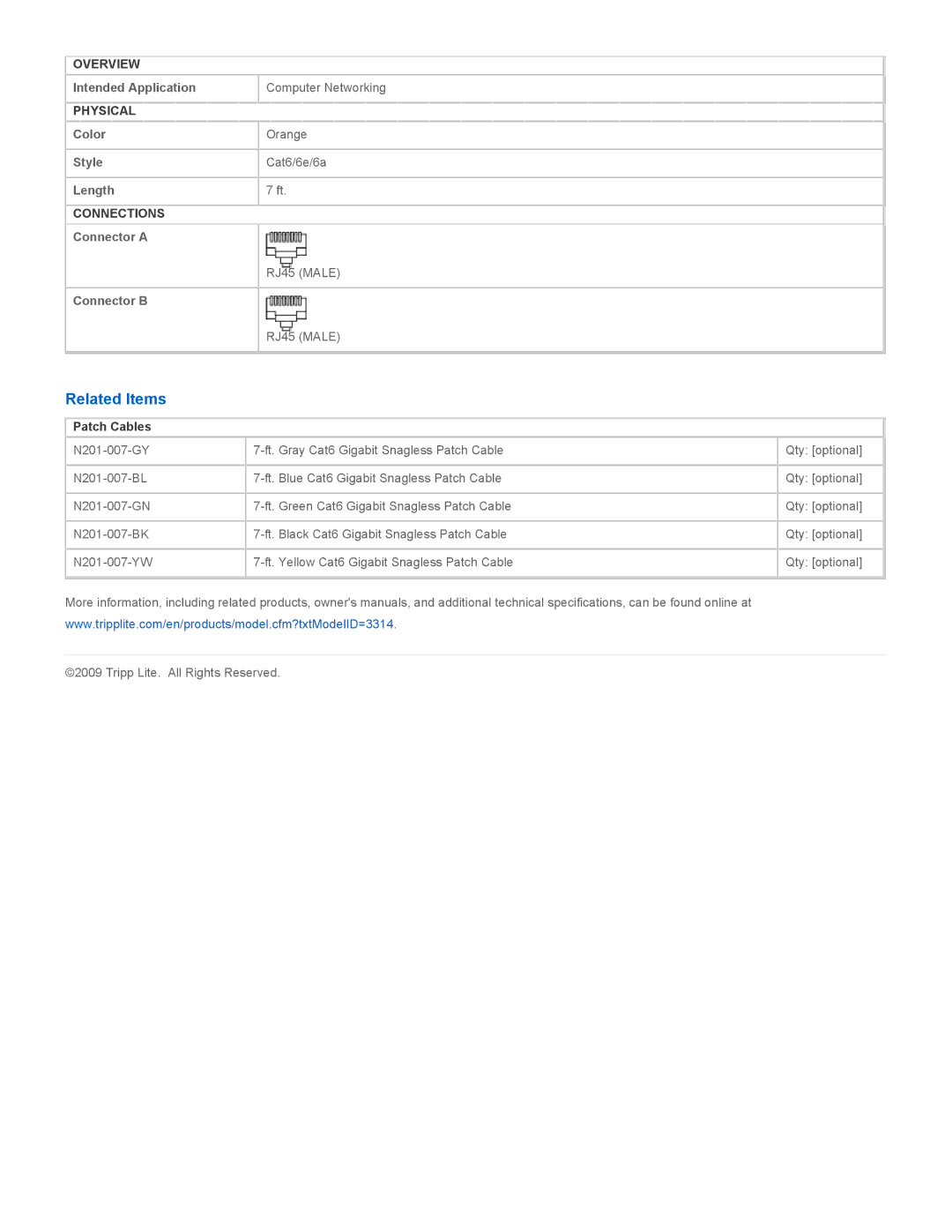 Tripp Lite N201-007-OR specifications Related Items, Patch Cables 