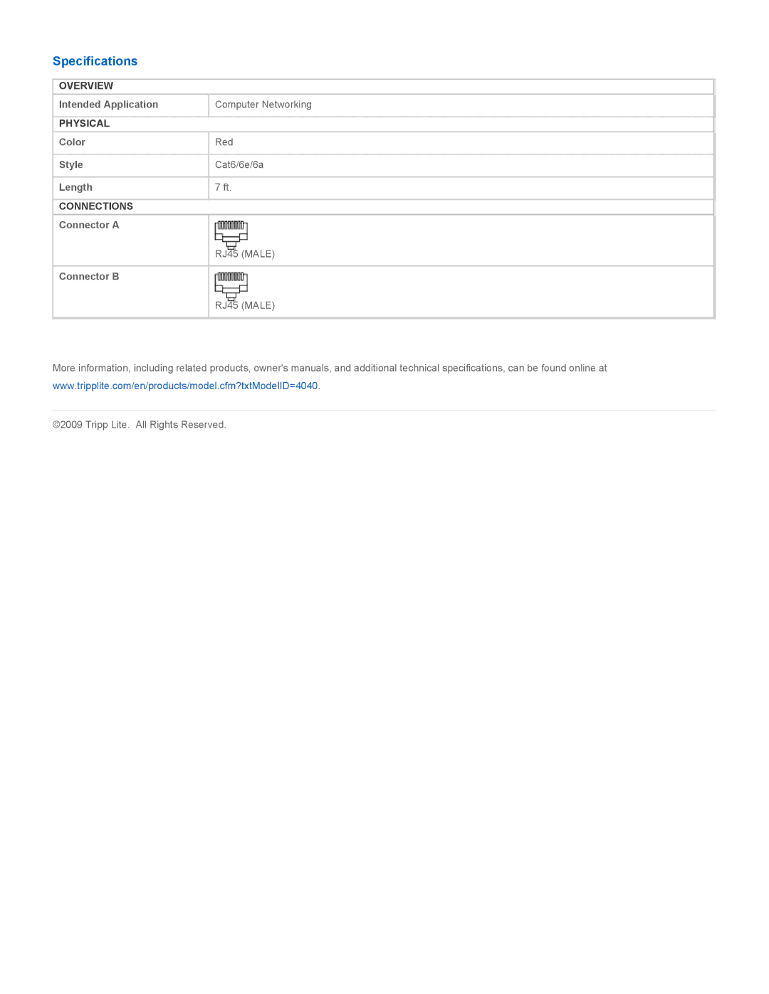 Tripp Lite N201-007-RD specifications Specifications 