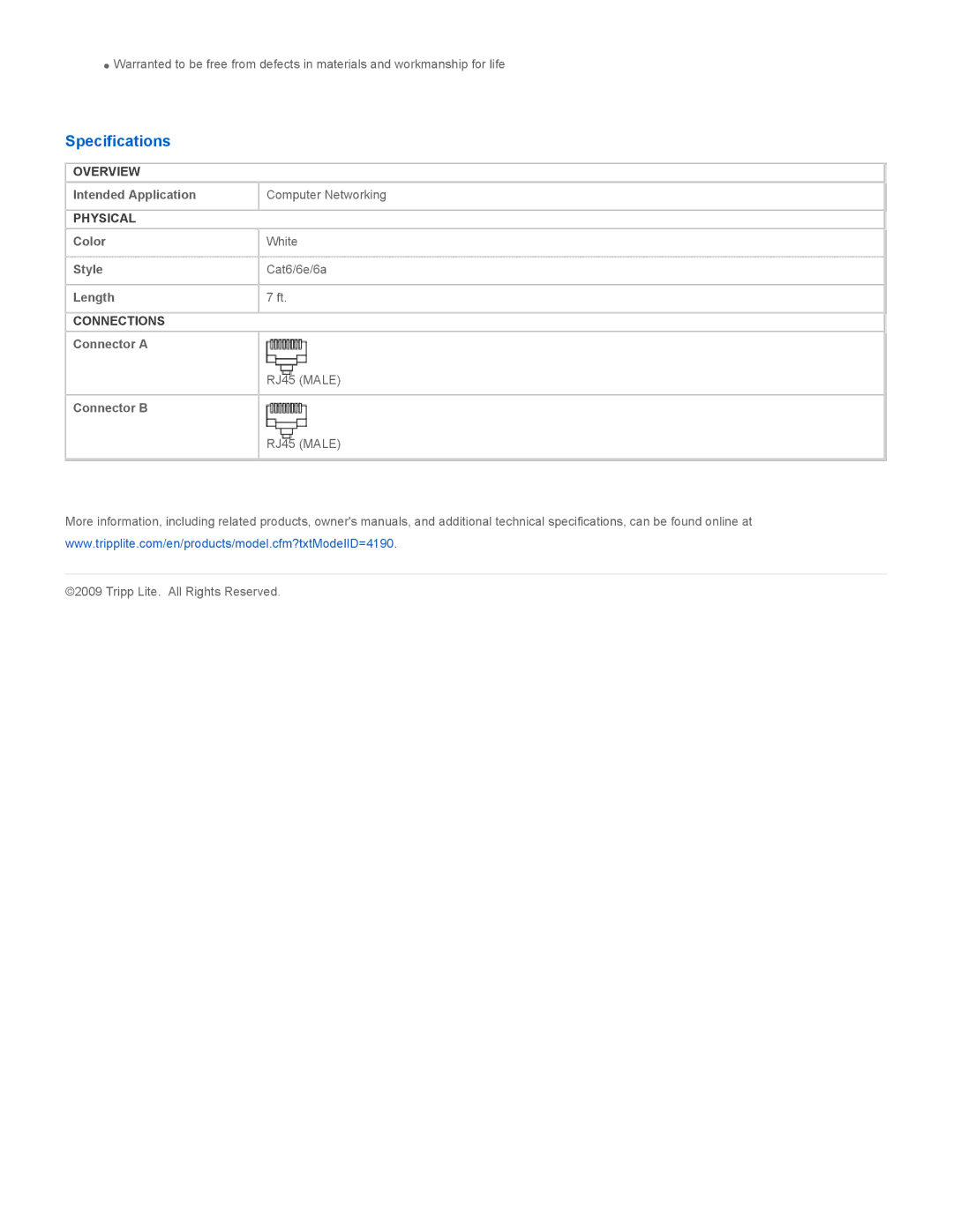 Tripp Lite N201-007-WH specifications Specifications 