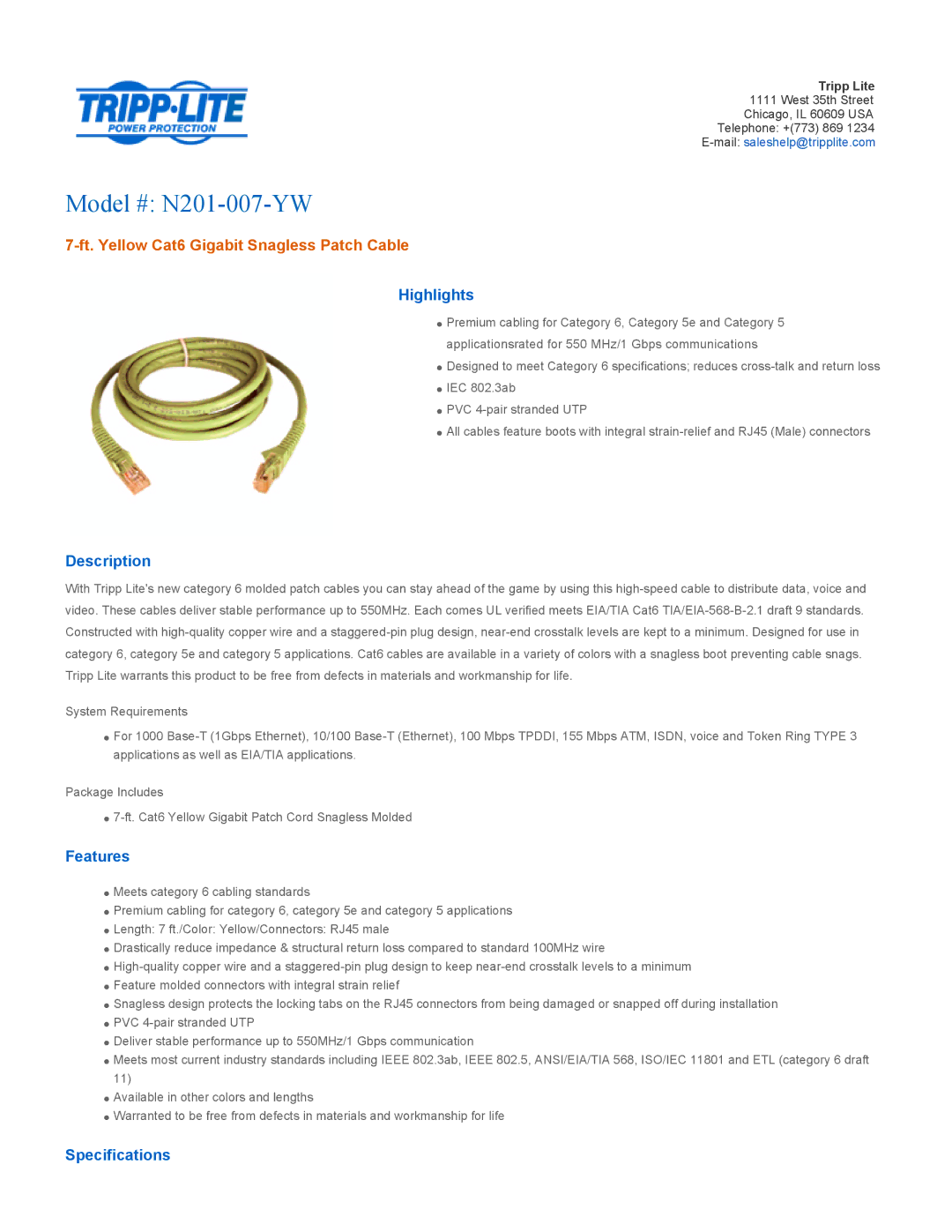 Tripp Lite specifications Model # N201-007-YW, Ft. Yellow Cat6 Gigabit Snagless Patch Cable 