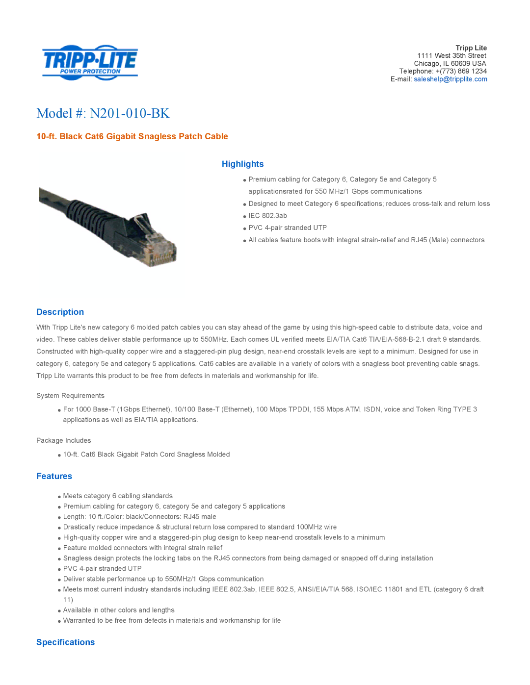 Tripp Lite specifications Model # N201-010-BK, 10-ft. Black Cat6 Gigabit Snagless Patch Cable 