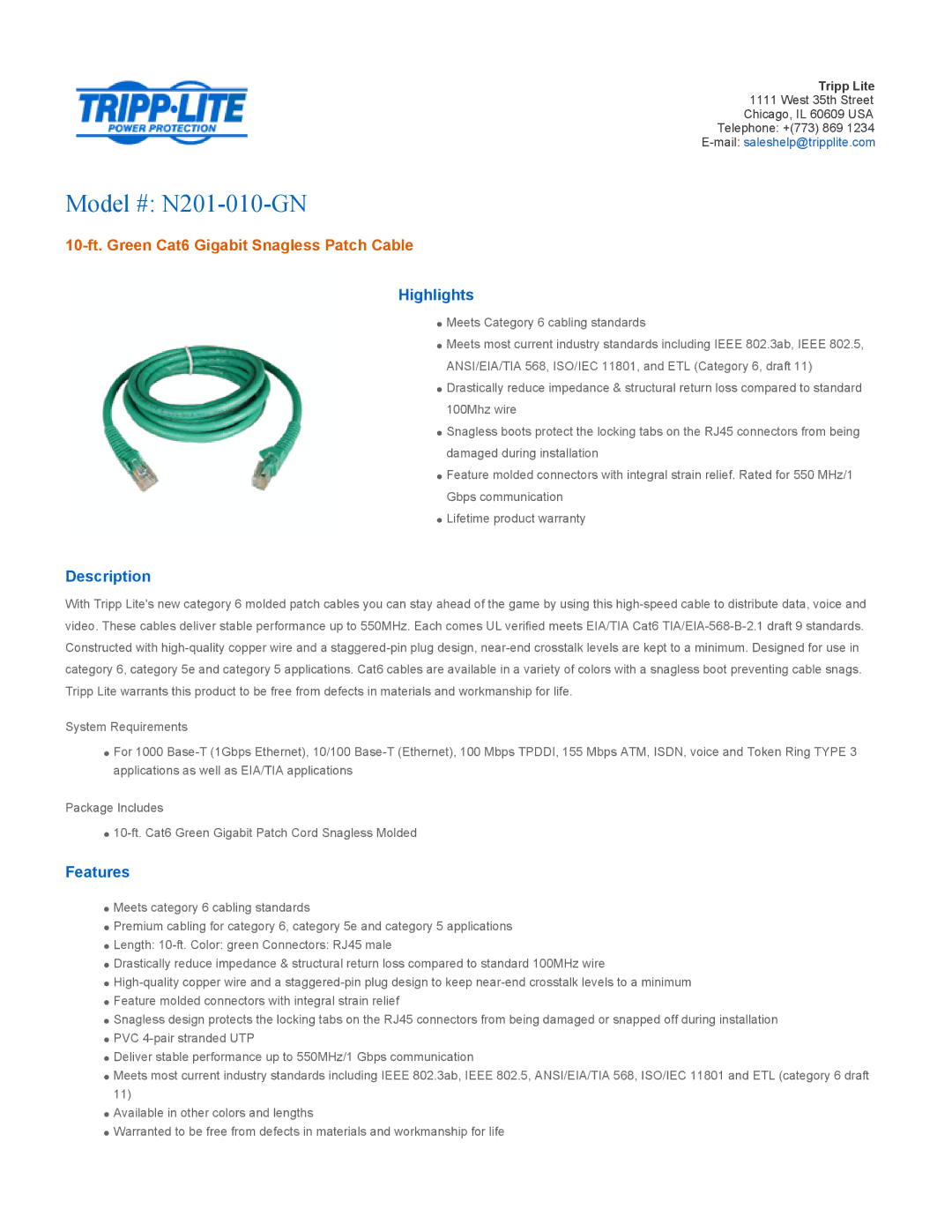 Tripp Lite specifications Model # N201-010-GN, 10-ft. Green Cat6 Gigabit Snagless Patch Cable, Highlights, Description 