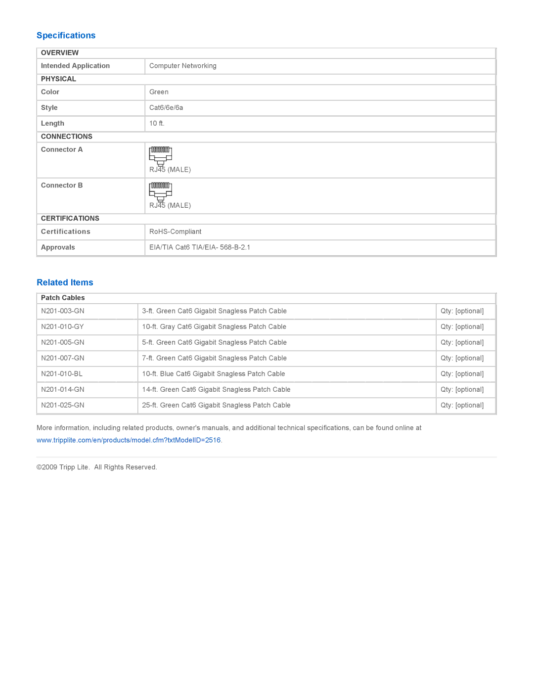 Tripp Lite N201-010-GN specifications Specifications, Related Items, Patch Cables 