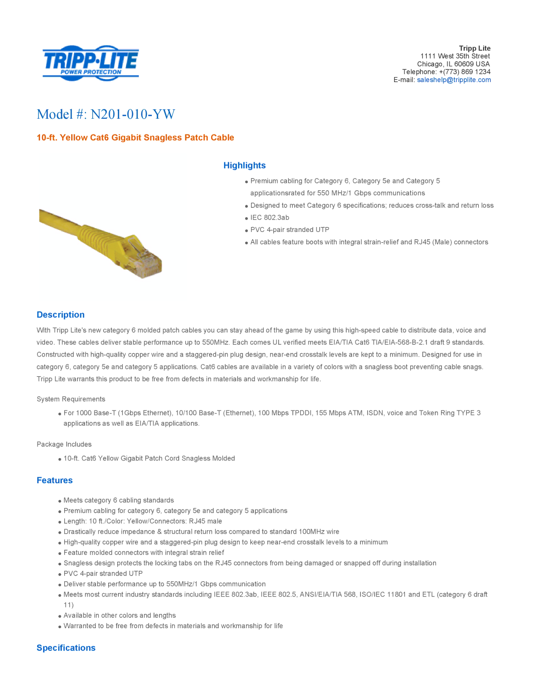 Tripp Lite specifications Model # N201-010-YW, 10-ft. Yellow Cat6 Gigabit Snagless Patch Cable 