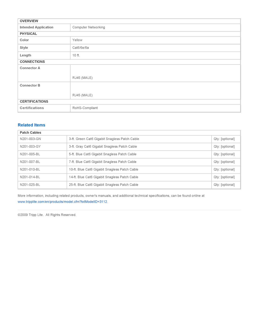 Tripp Lite N201-010-YW specifications Related Items, Patch Cables 