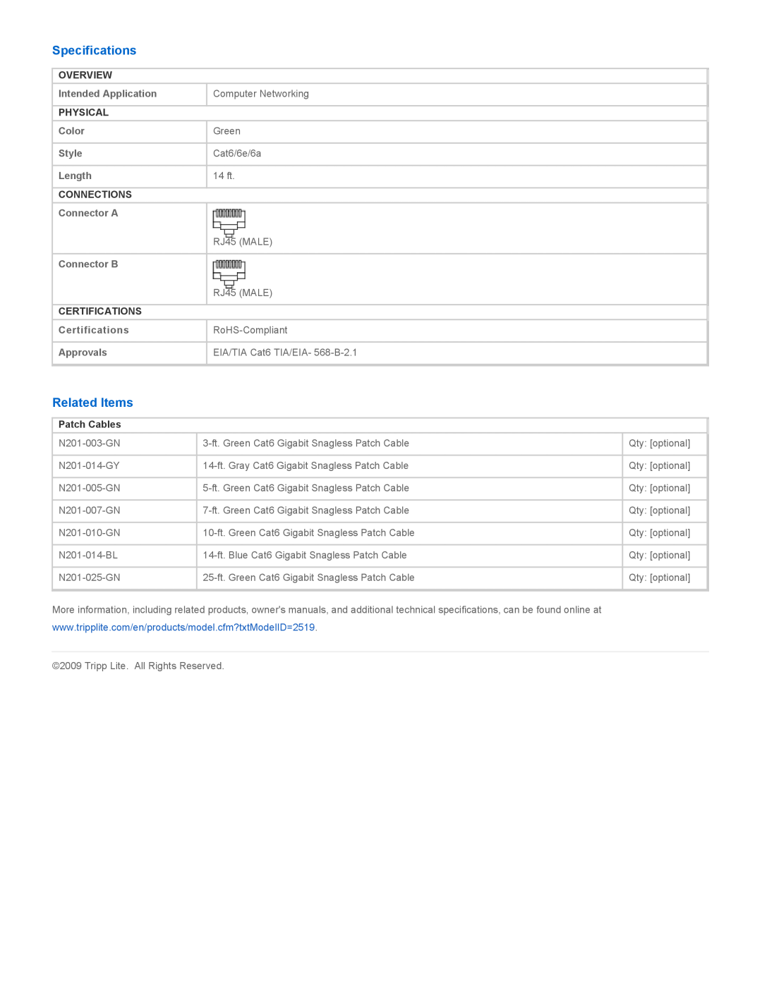 Tripp Lite N201-014-GN Specifications, Related Items, Overview, Intended Application, Physical, Color, Style, Length 