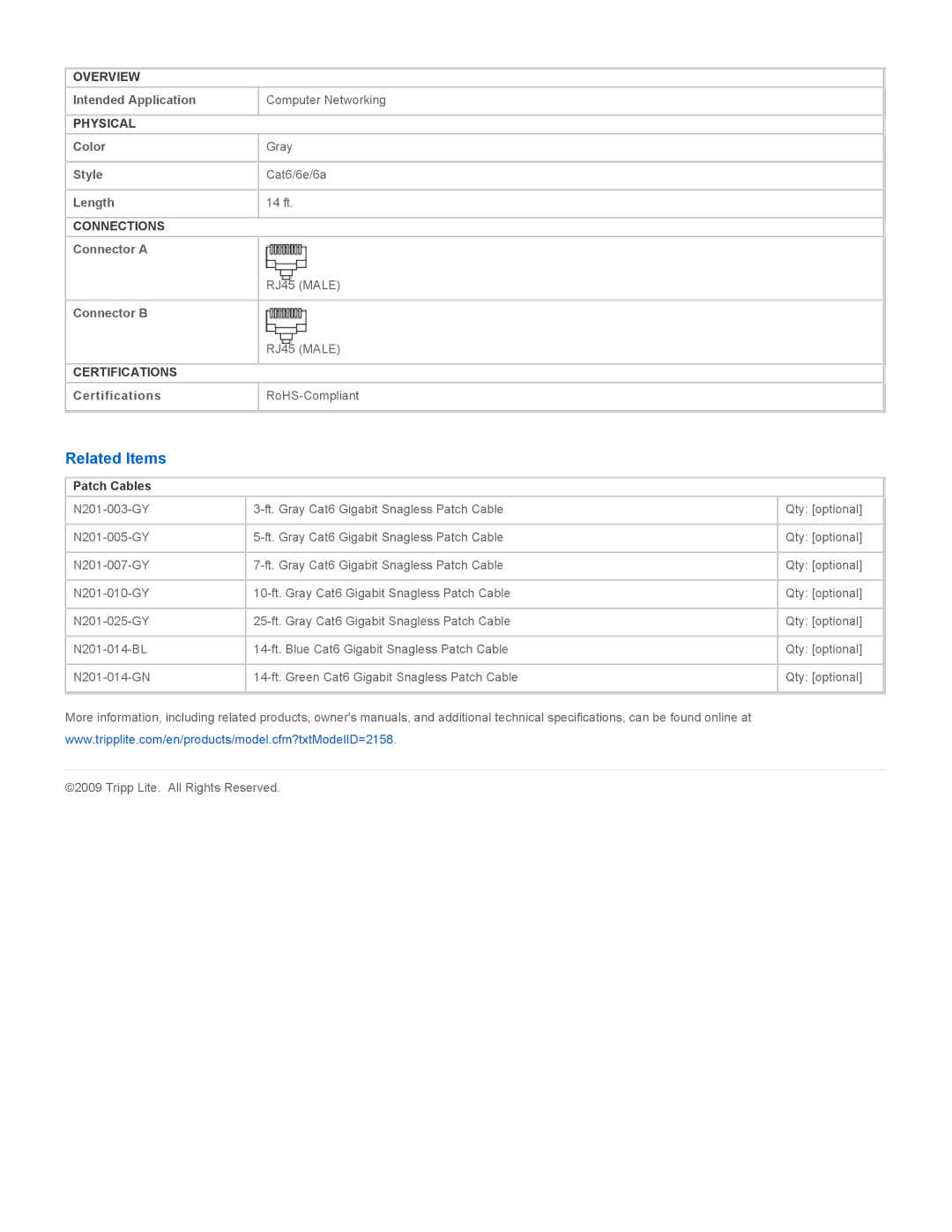 Tripp Lite N201-014-GY specifications Related Items, Patch Cables 