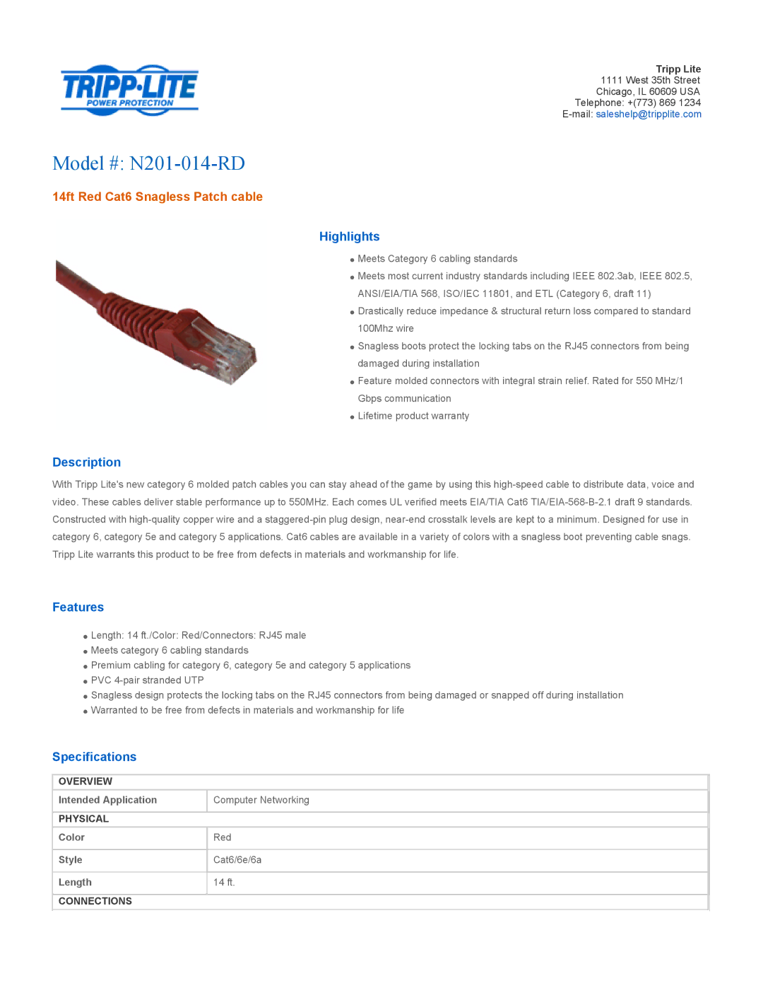 Tripp Lite specifications Model # N201-014-RD, 14ft Red Cat6 Snagless Patch cable 