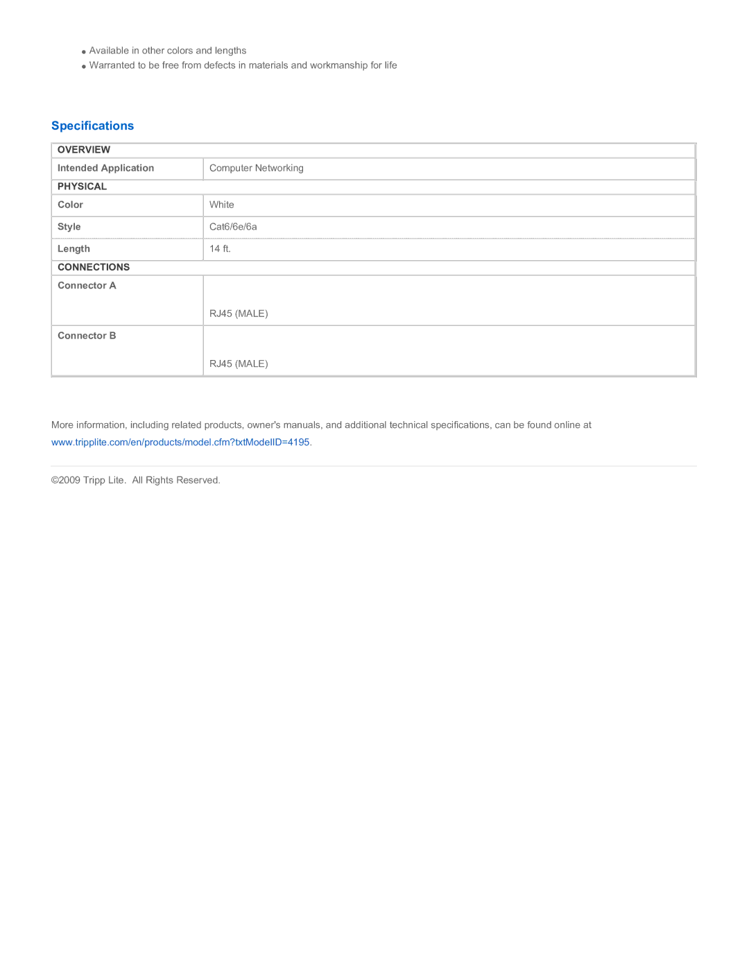 Tripp Lite N201-014-WH specifications Specifications 