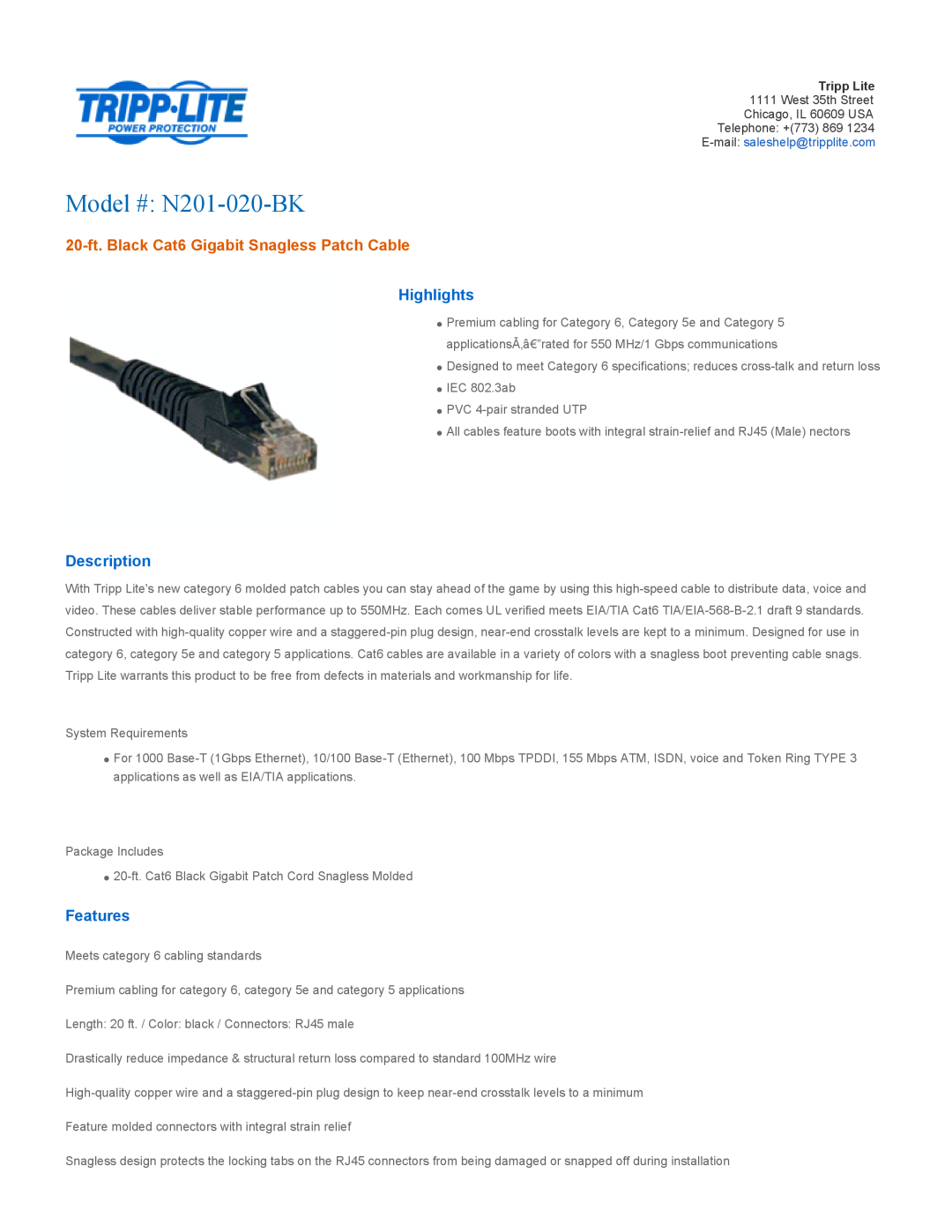 Tripp Lite specifications Highlights, Description, Features, Model # N201-020-BK 