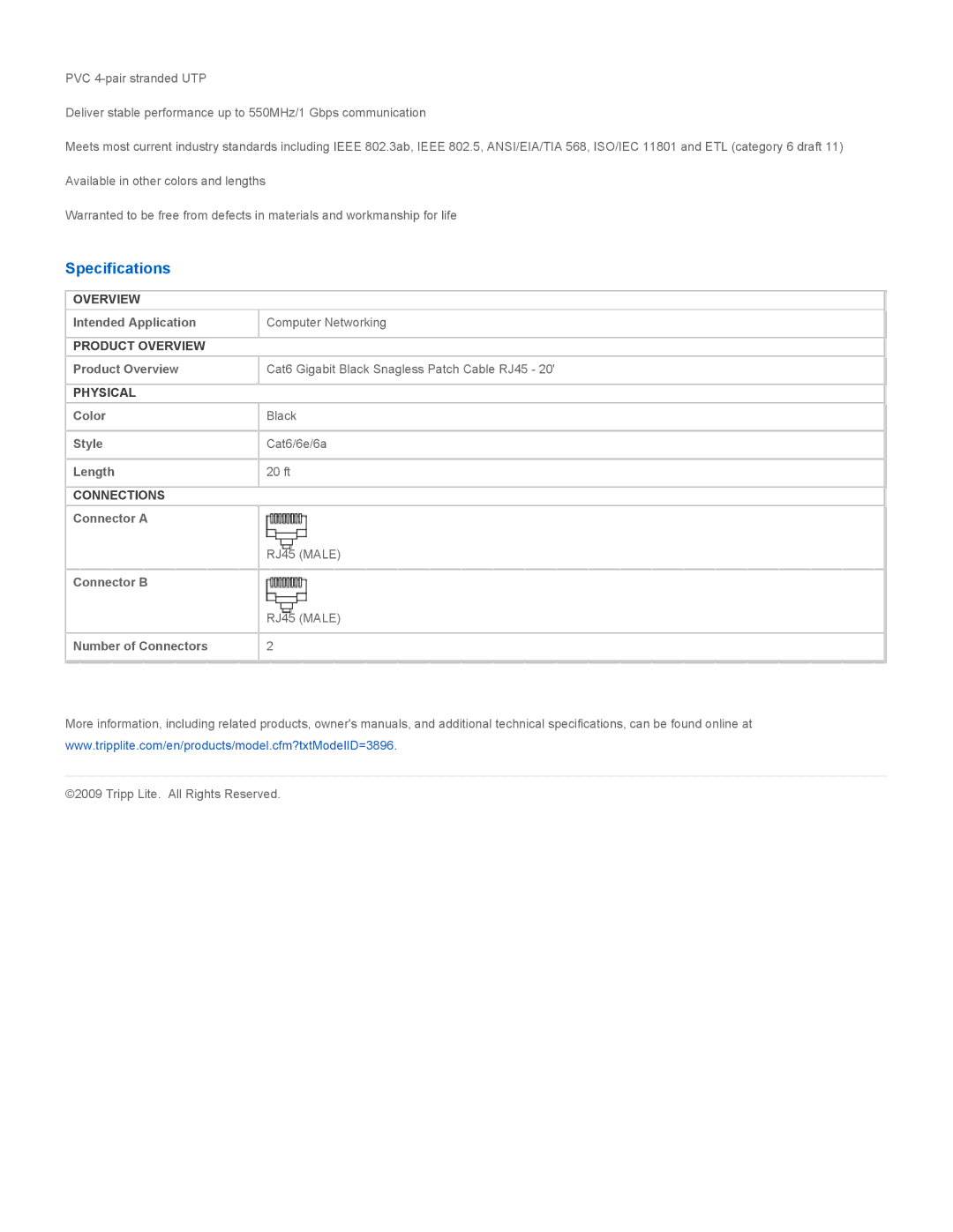 Tripp Lite N201-020-BK specifications Specifications 