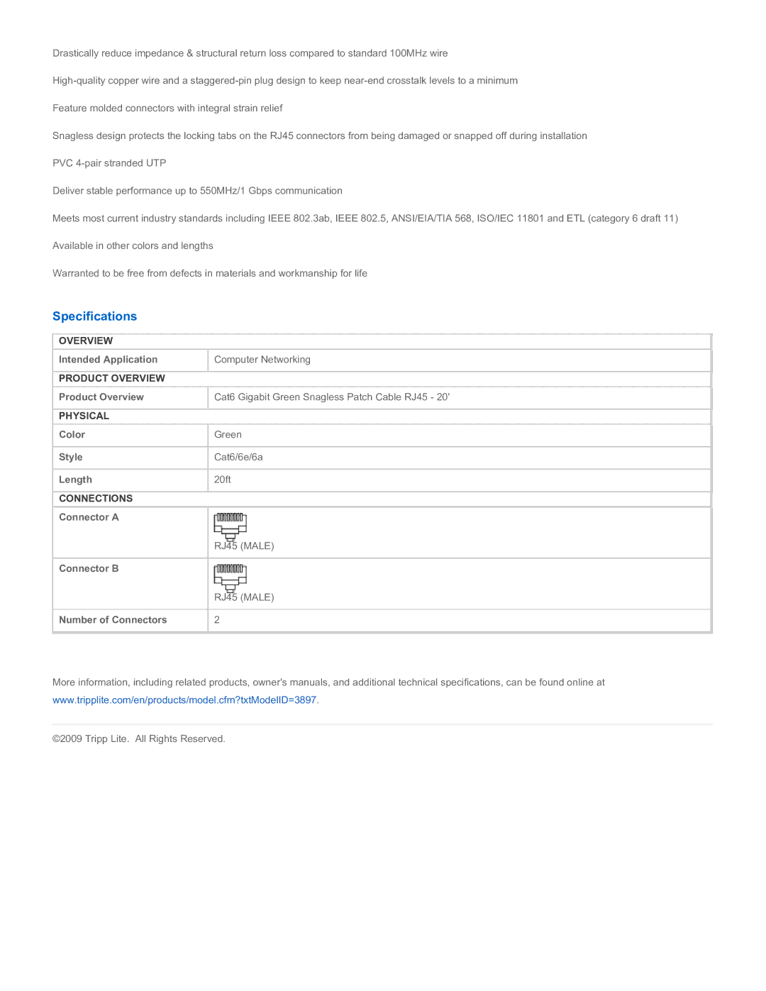 Tripp Lite N201-020-GN specifications Specifications 