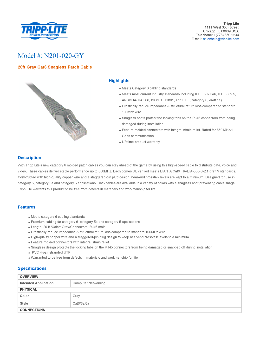 Tripp Lite specifications Model # N201-020-GY, 20ft Gray Cat6 Snagless Patch Cable 