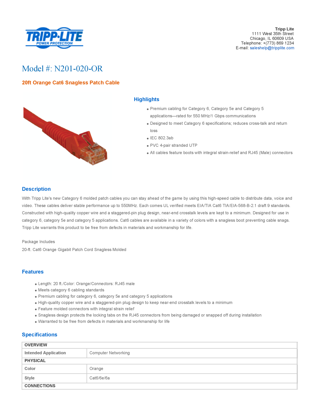 Tripp Lite specifications Intended Application, Computer Networking, Color Style, Model # N201-020-OR, Highlights 