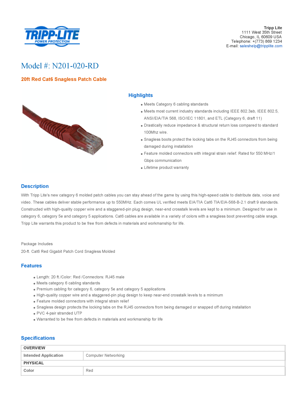Tripp Lite N201-020-RD specifications Overview, Intended Application, Computer Networking, Physical, Color, Highlights 