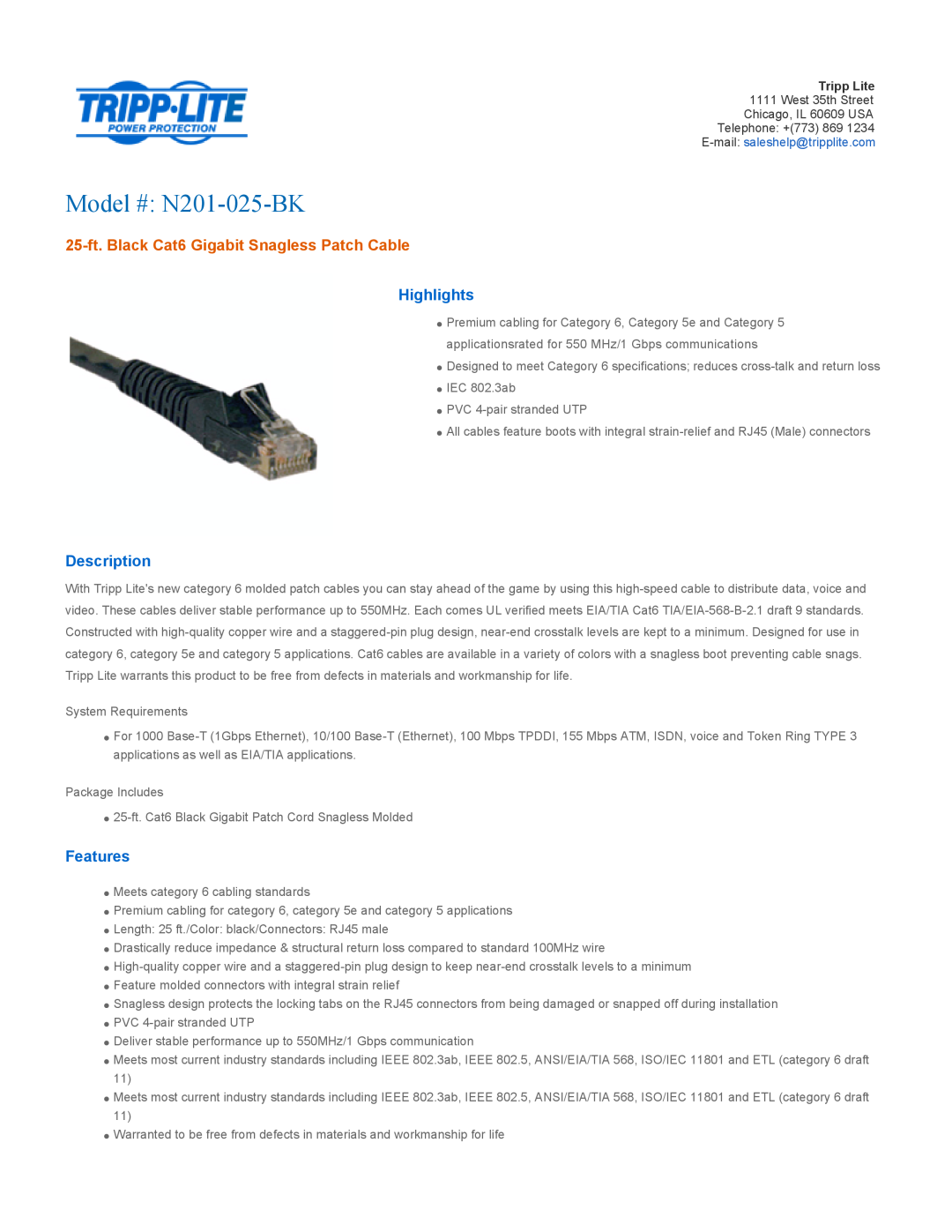 Tripp Lite specifications Highlights, Description, Features, Model # N201-025-BK 