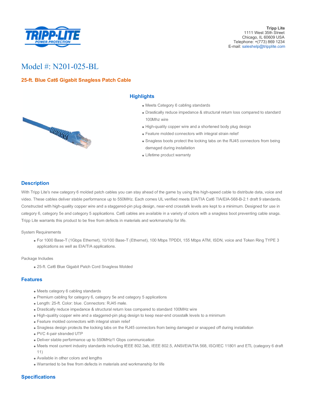 Tripp Lite specifications Model # N201-025-BL, 25-ft. Blue Cat6 Gigabit Snagless Patch Cable 