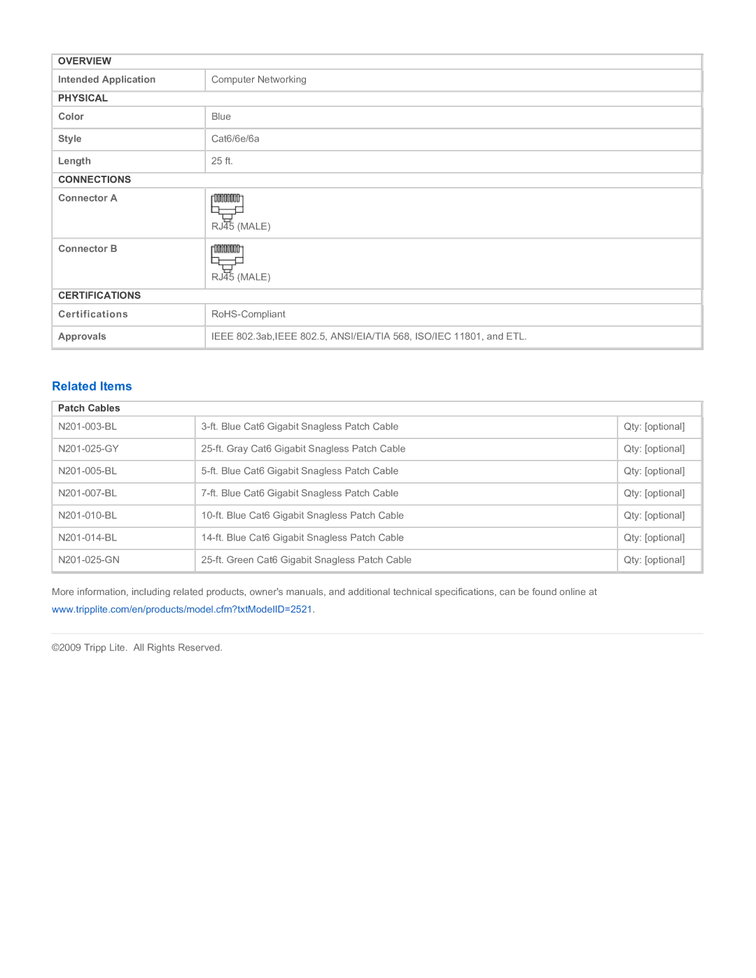 Tripp Lite N201-025-BL specifications Related Items, Overview, Physical, Connections, Certifications 