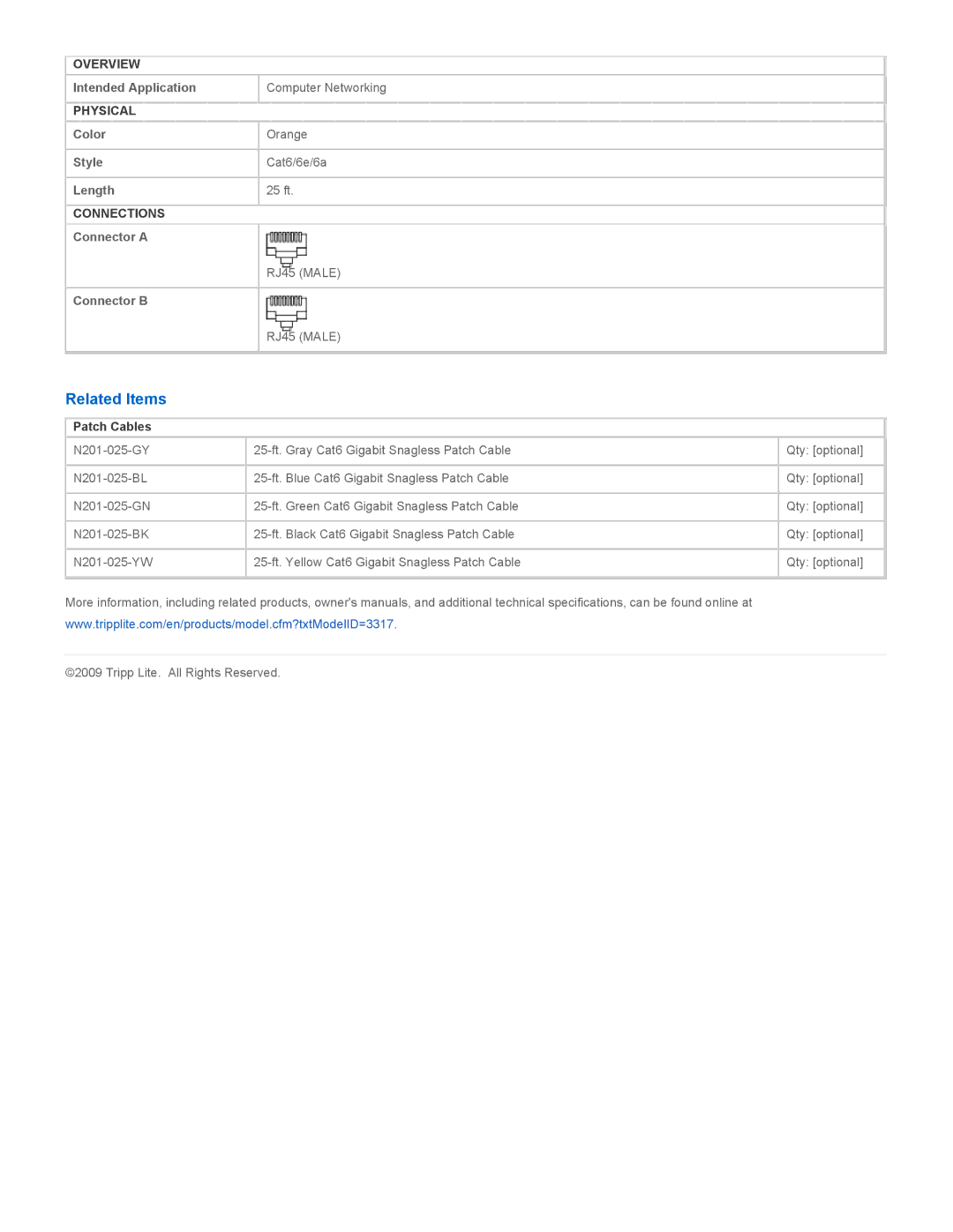 Tripp Lite N201-025-OR specifications Related Items, Patch Cables 
