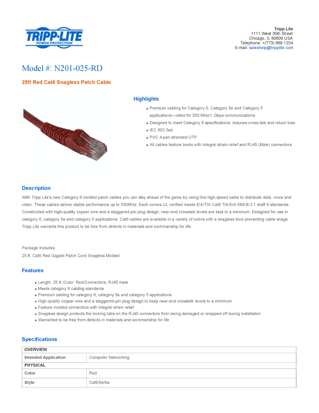 Tripp Lite specifications Model # N201-025-RD, 25ft Red Cat6 Snagless Patch Cable 