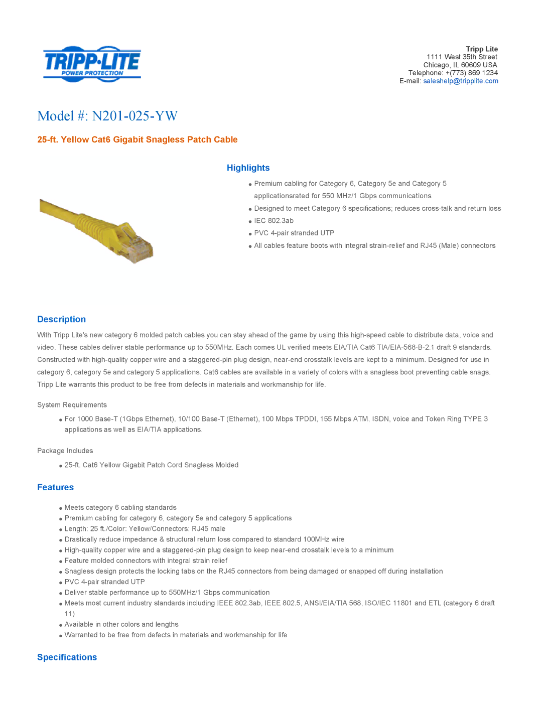 Tripp Lite specifications Model # N201-025-YW, 25-ft. Yellow Cat6 Gigabit Snagless Patch Cable 