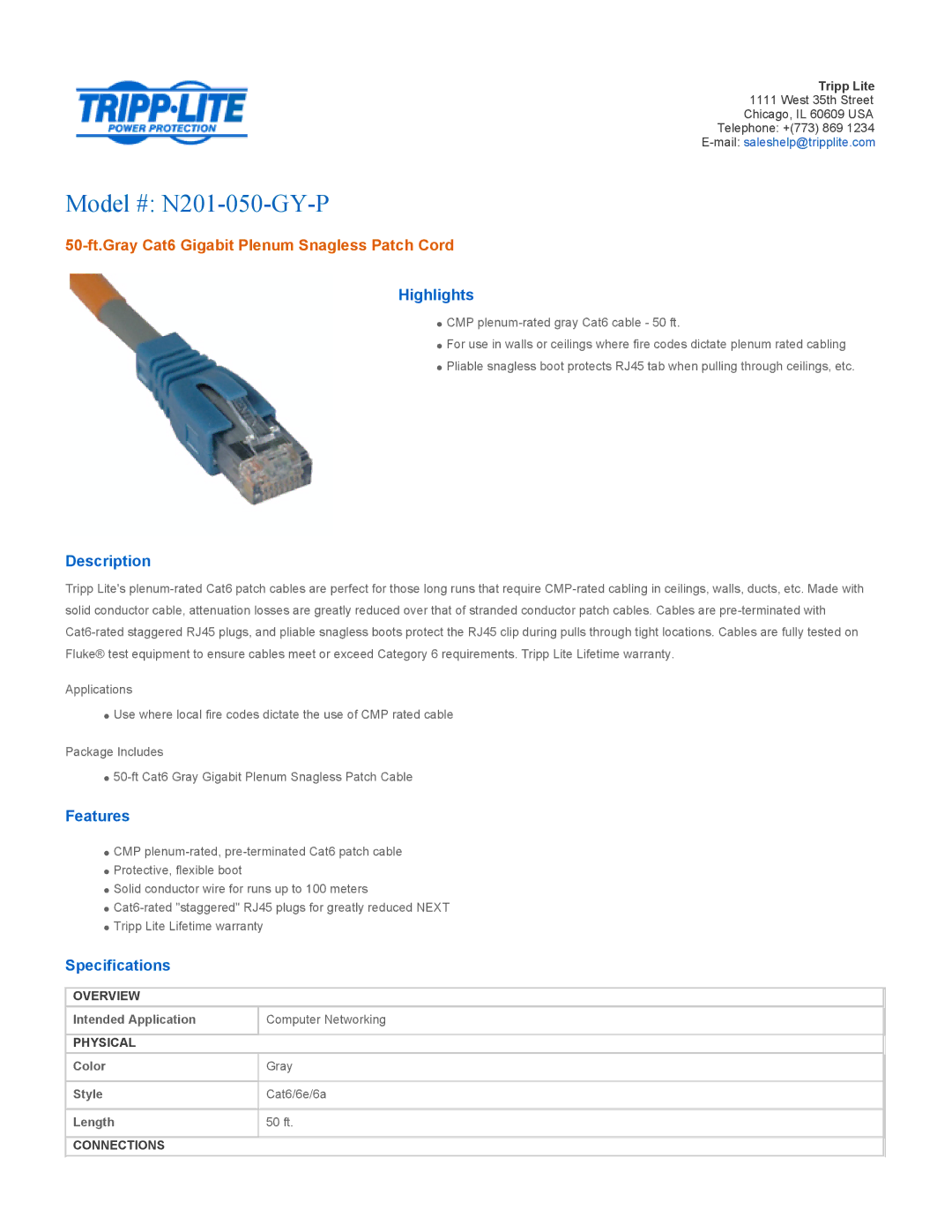 Tripp Lite specifications Model # N201-050-GY-P, 50-ft.Gray Cat6 Gigabit Plenum Snagless Patch Cord 