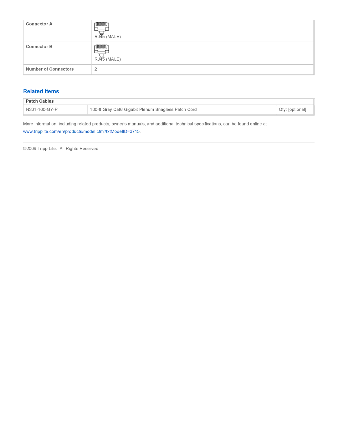 Tripp Lite N201-050-GY-P specifications Related Items, Patch Cables 