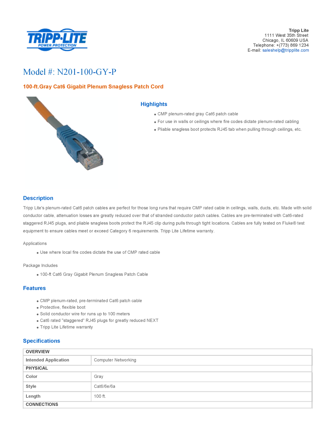 Tripp Lite specifications Model # N201-100-GY-P, 100-ft.Gray Cat6 Gigabit Plenum Snagless Patch Cord 