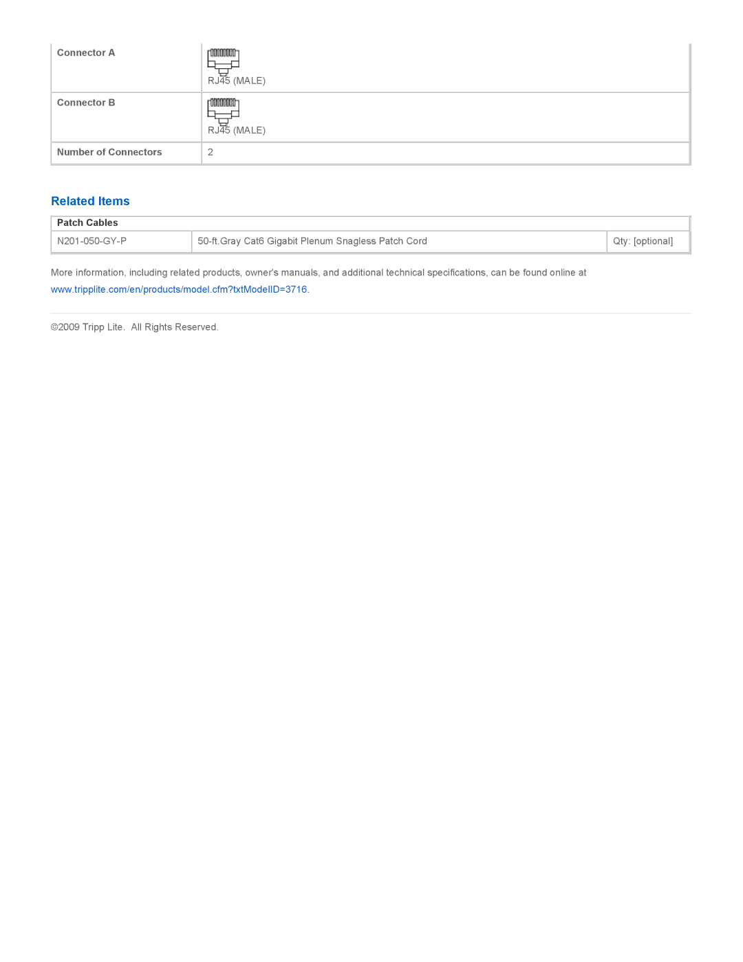 Tripp Lite N201-100-GY-P specifications Related Items, Patch Cables 