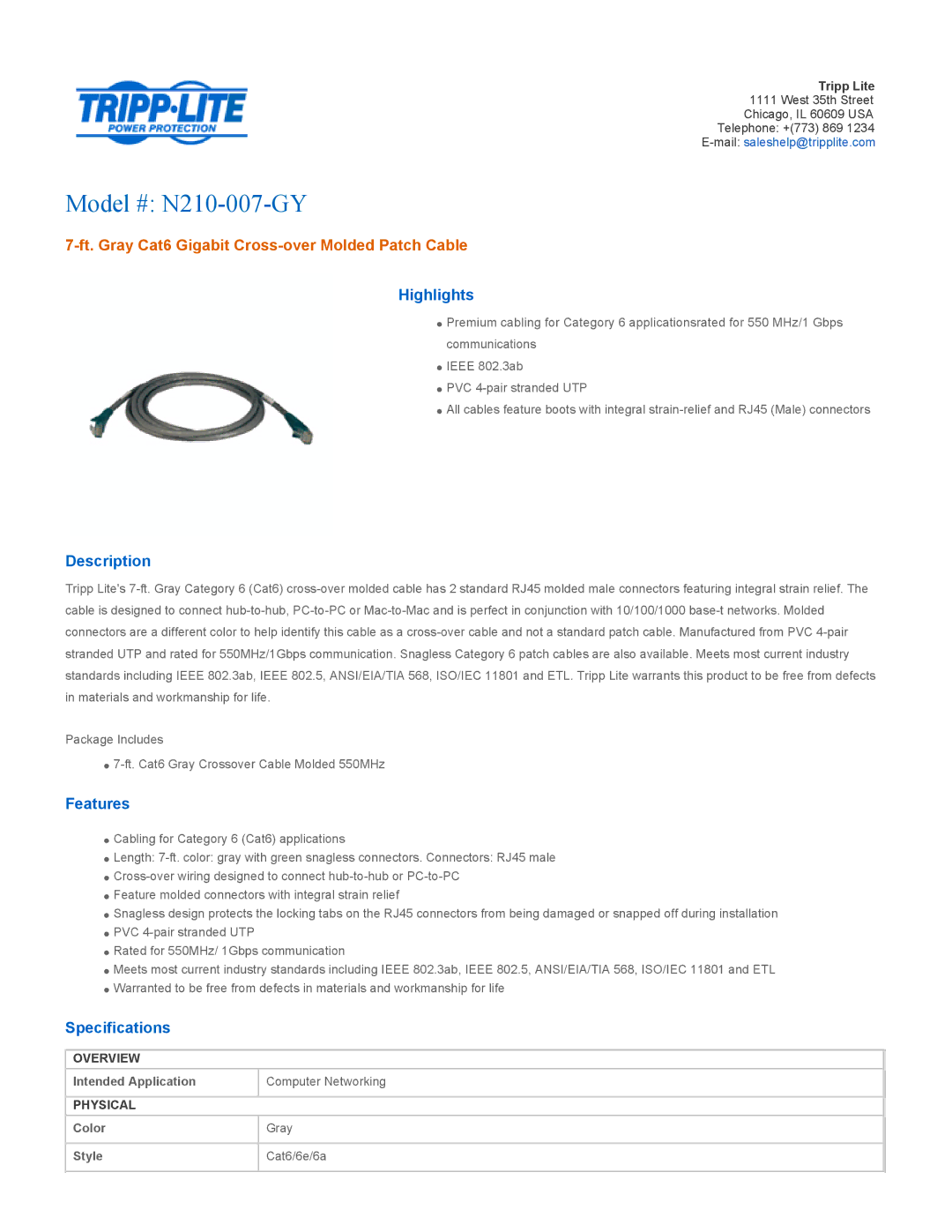 Tripp Lite specifications Model # N210-007-GY, Ft. Gray Cat6 Gigabit Cross-over Molded Patch Cable 