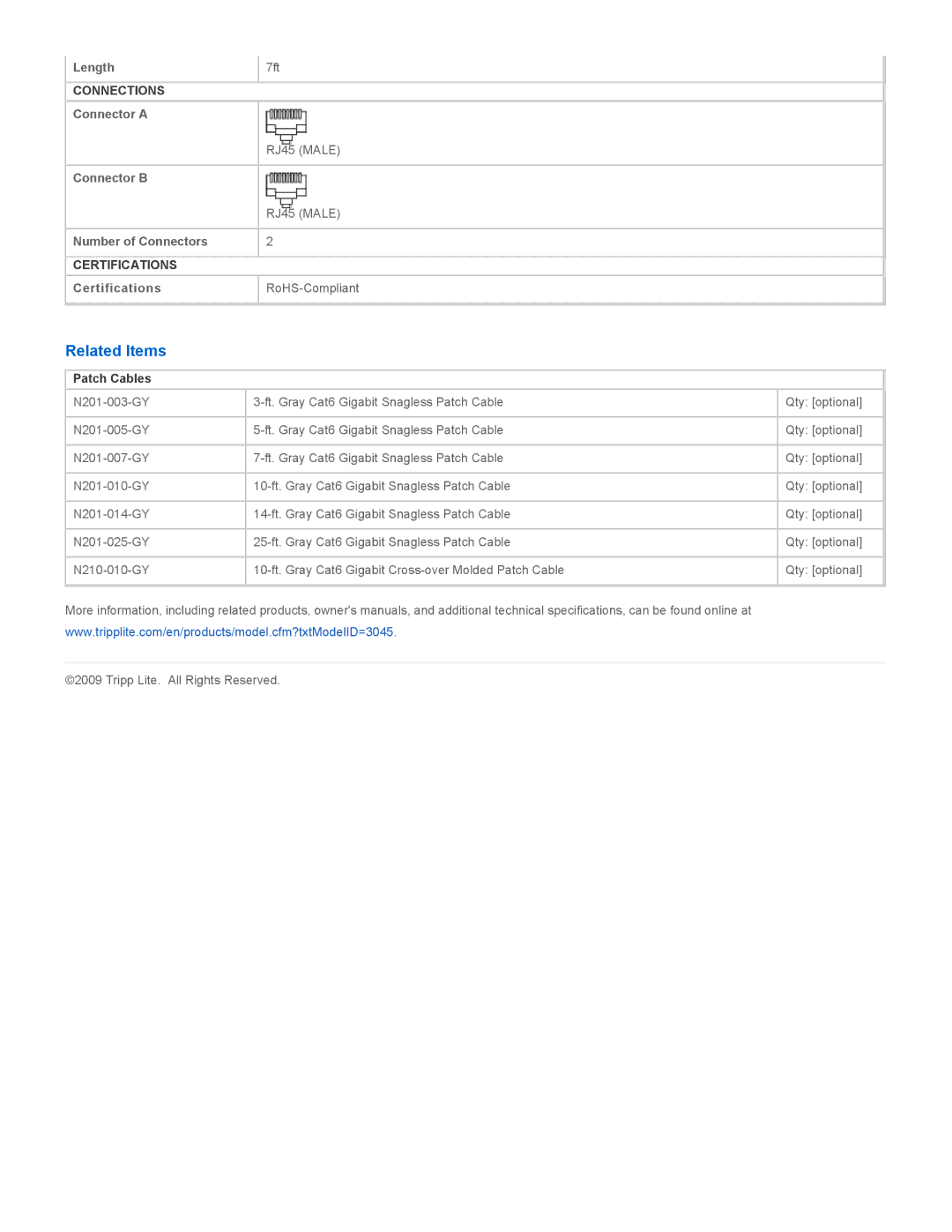 Tripp Lite N210-007-GY specifications Related Items, Patch Cables 