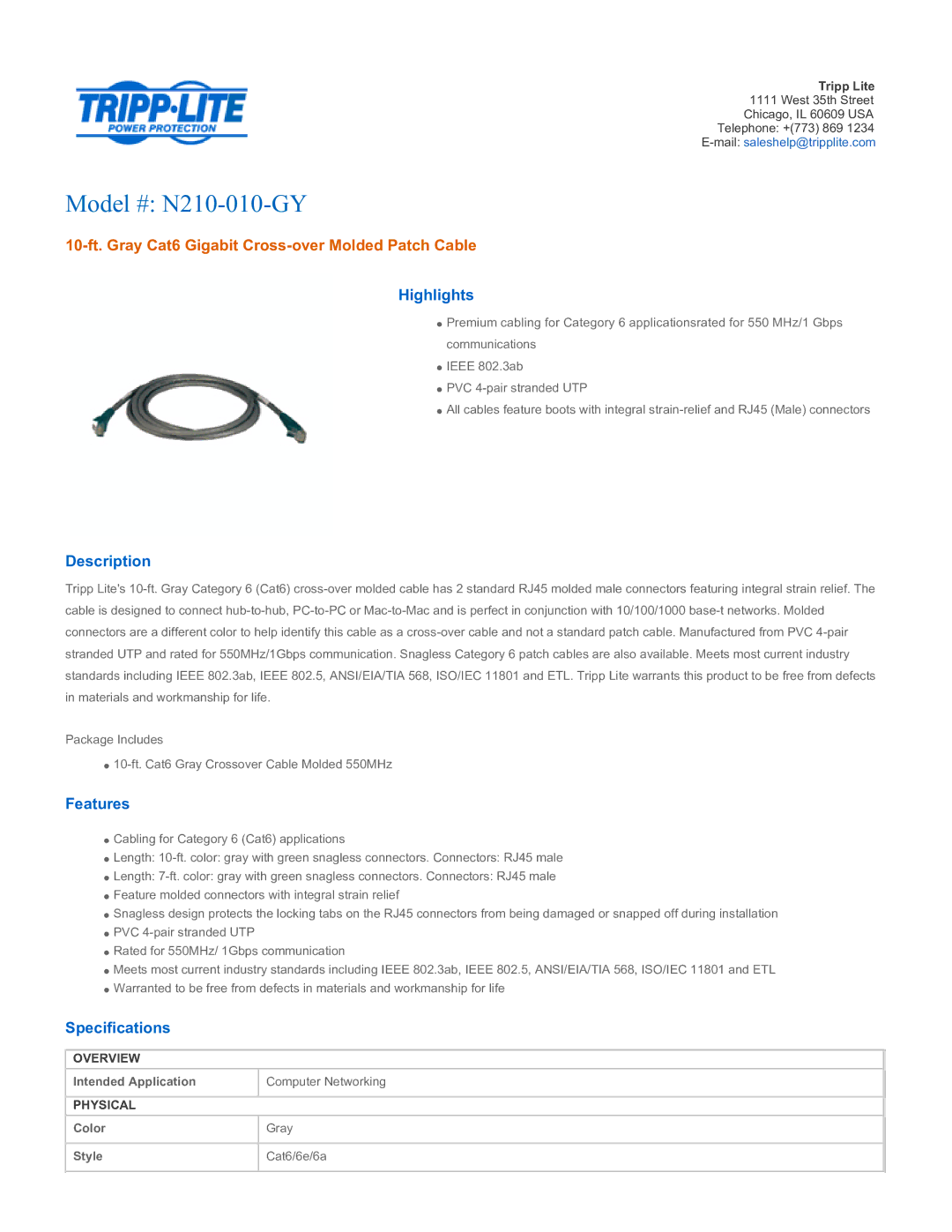 Tripp Lite specifications Model # N210-010-GY, 10-ft. Gray Cat6 Gigabit Cross-over Molded Patch Cable 