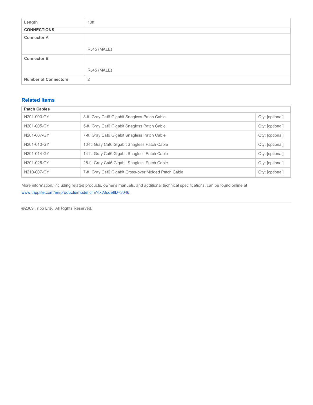 Tripp Lite N210-010-GY specifications Related Items, Patch Cables 