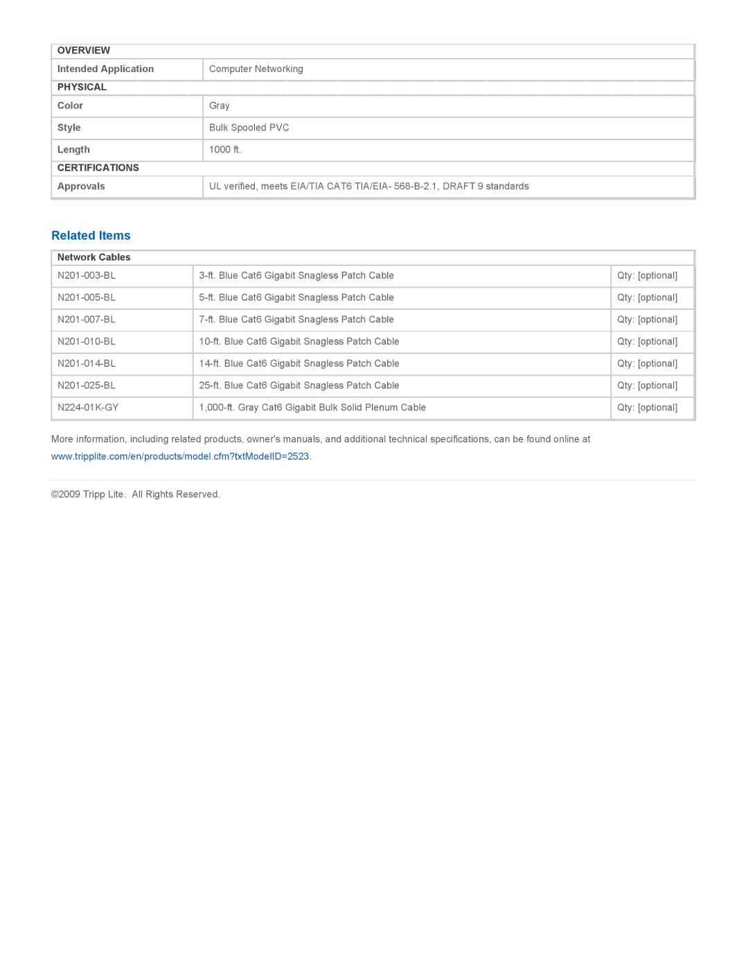 Tripp Lite N222-01K-GY specifications Related Items, Network Cables 