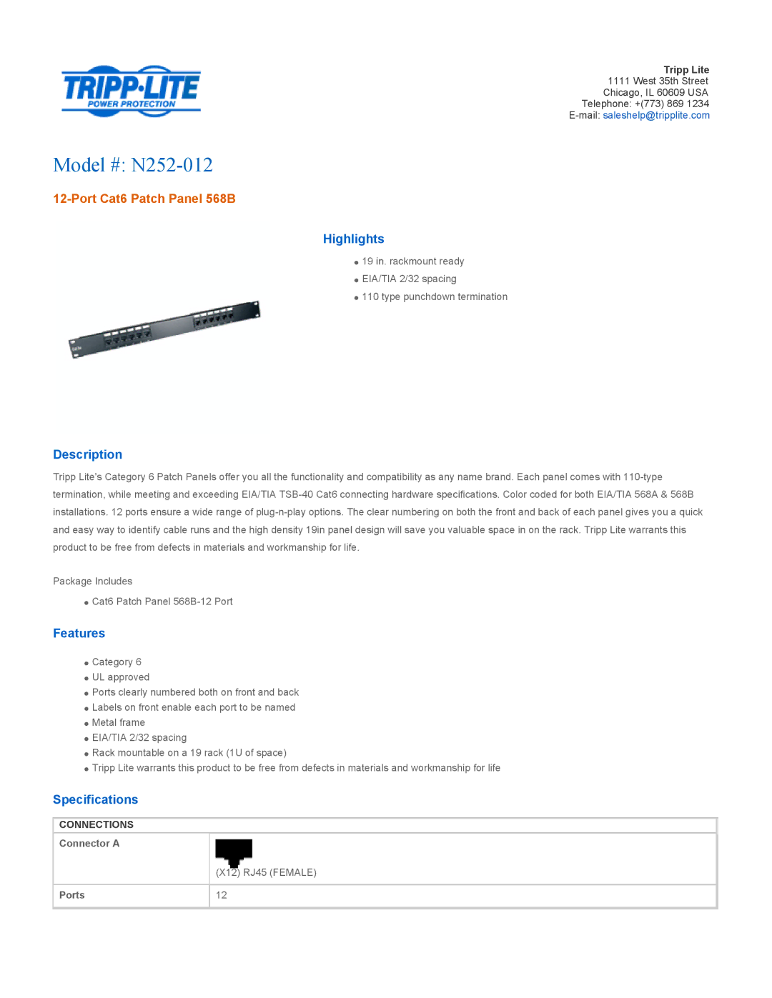 Tripp Lite specifications Model # N252-012, Port Cat6 Patch Panel 568B 