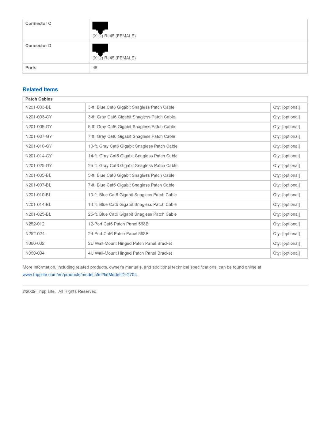 Tripp Lite N252-048 specifications Related Items, Patch Cables 