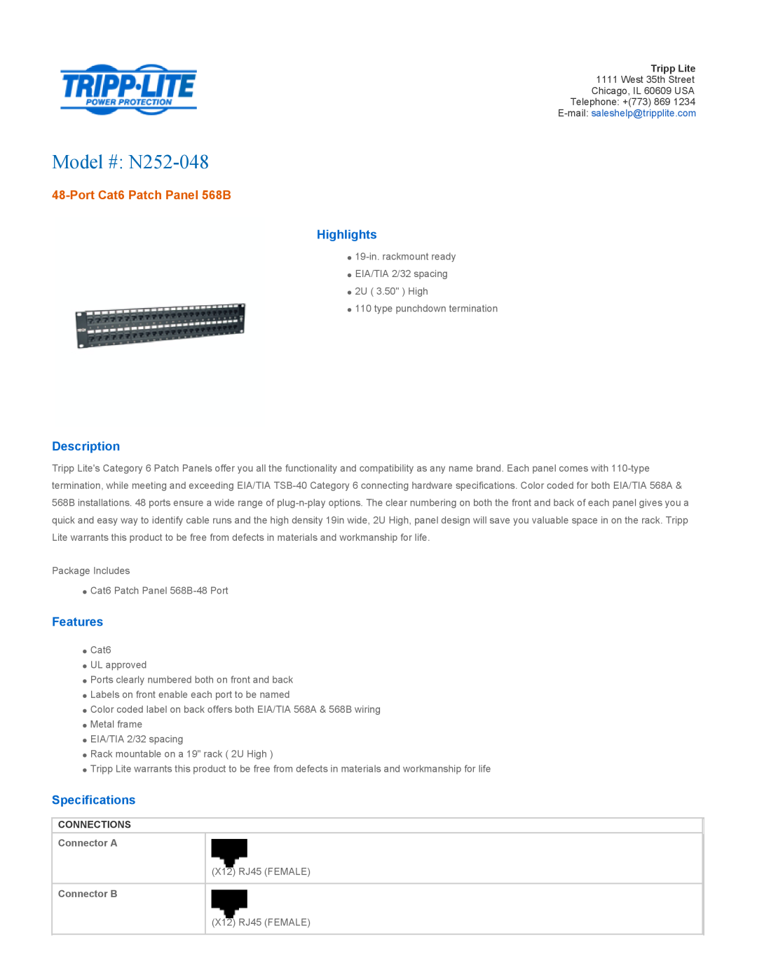Tripp Lite N252-048 specifications Highlights, Description, Features, Specifications, Connections, Connector A 