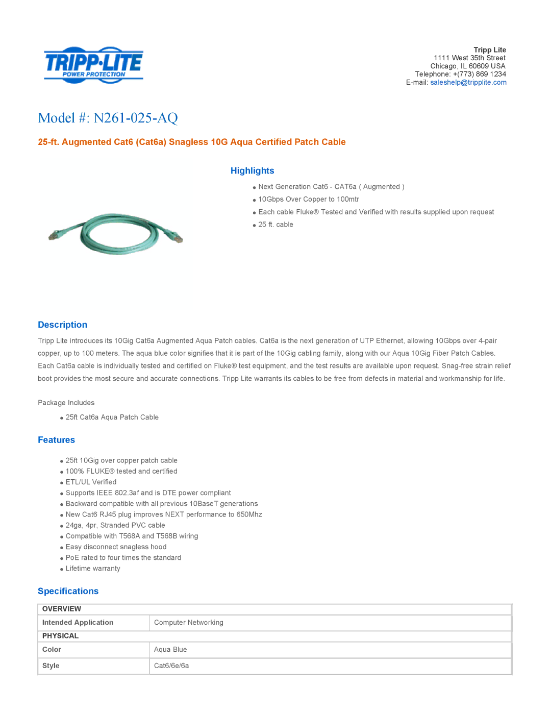 Tripp Lite specifications Model # N261-025-AQ, Highlights, Description, Features, Specifications 