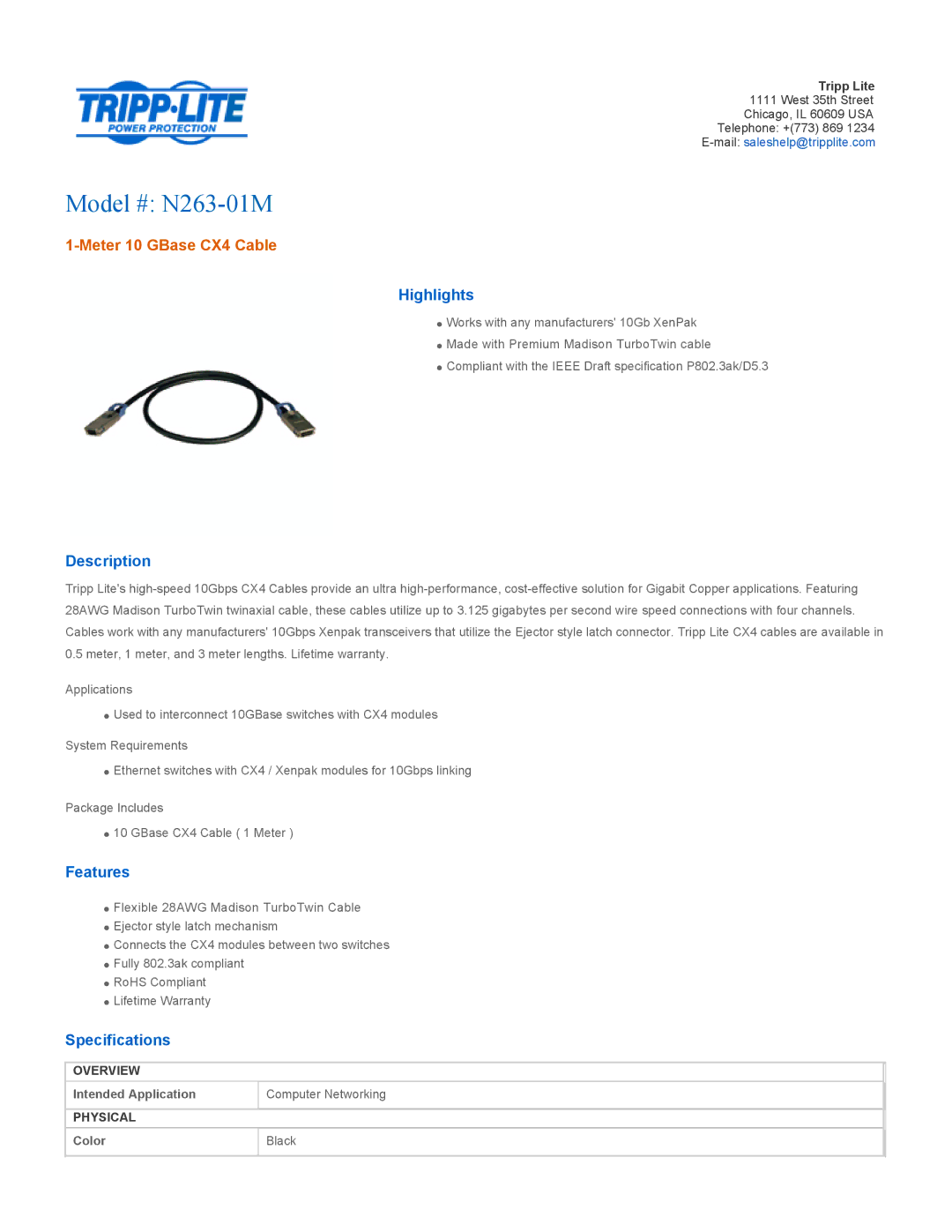 Tripp Lite specifications Model # N263-01M, Meter 10 GBase CX4 Cable 