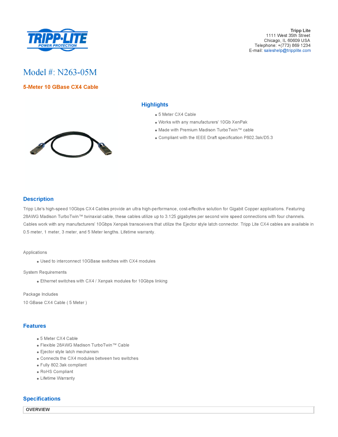 Tripp Lite specifications Model # N263-05M, Meter 10 GBase CX4 Cable 