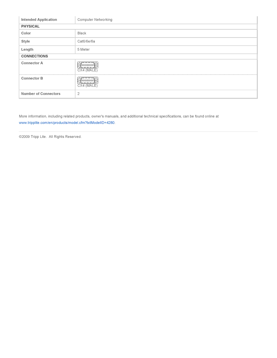 Tripp Lite N263-05M specifications CX4 Male 