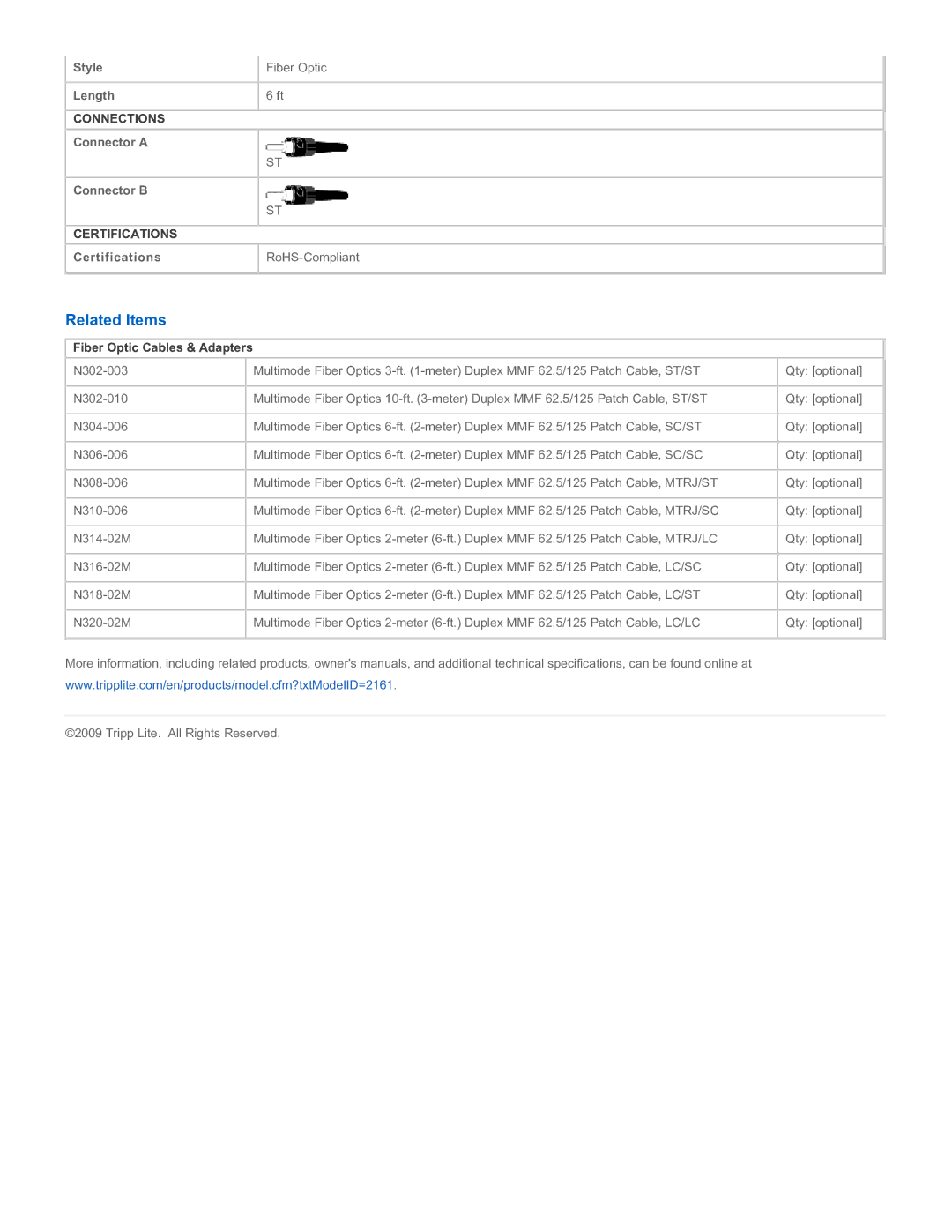 Tripp Lite N302-006 specifications Related Items, Fiber Optic Cables & Adapters 