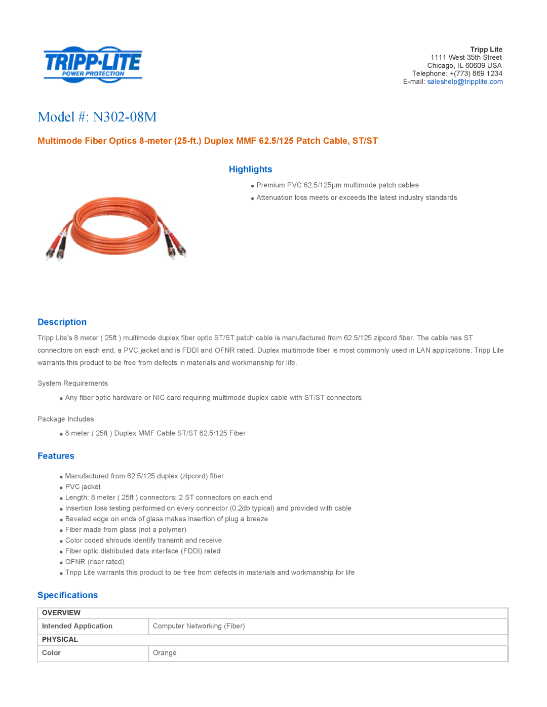 Tripp Lite specifications Model # N302-08M, Highlights, Description, Features, Specifications 