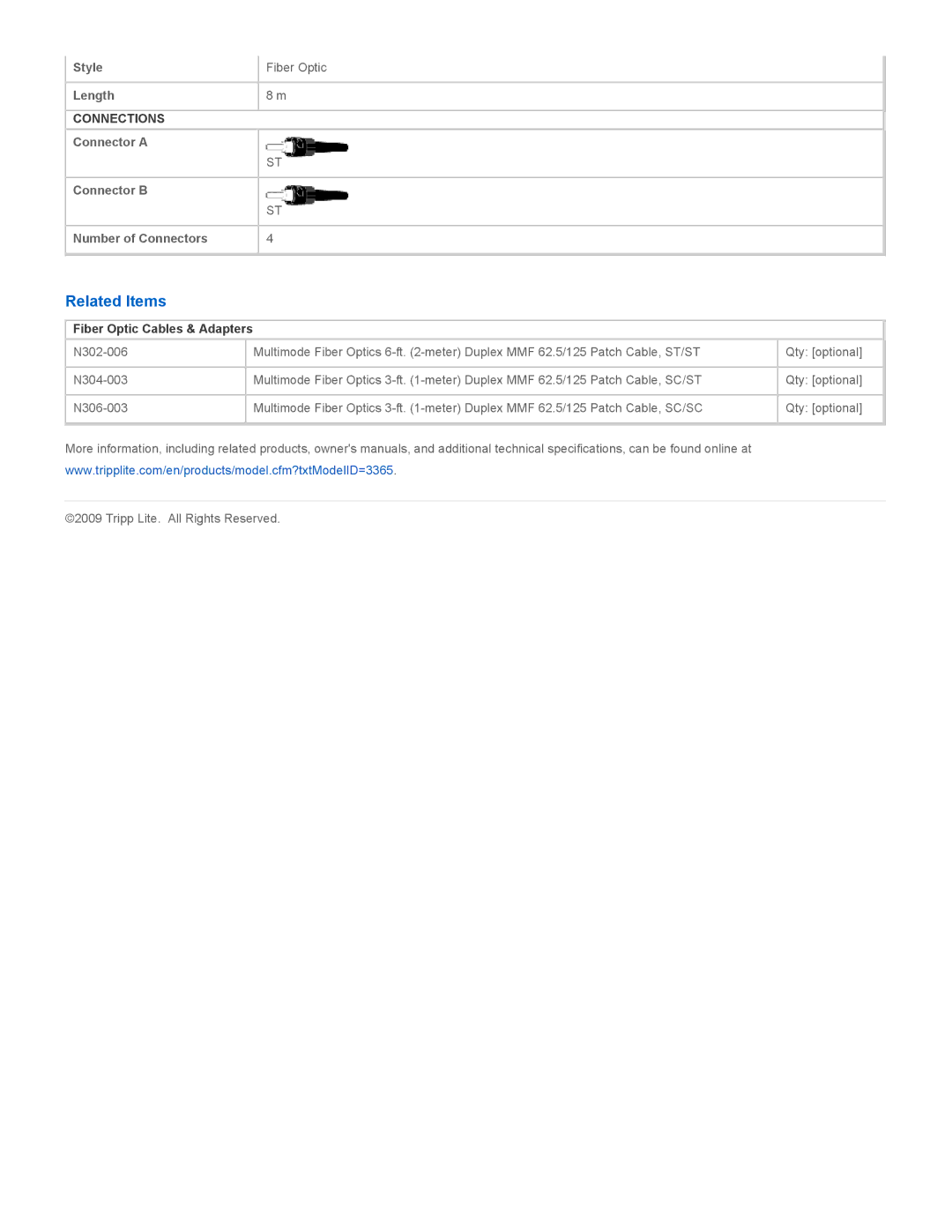 Tripp Lite N302-08M specifications Related Items, Fiber Optic Cables & Adapters 