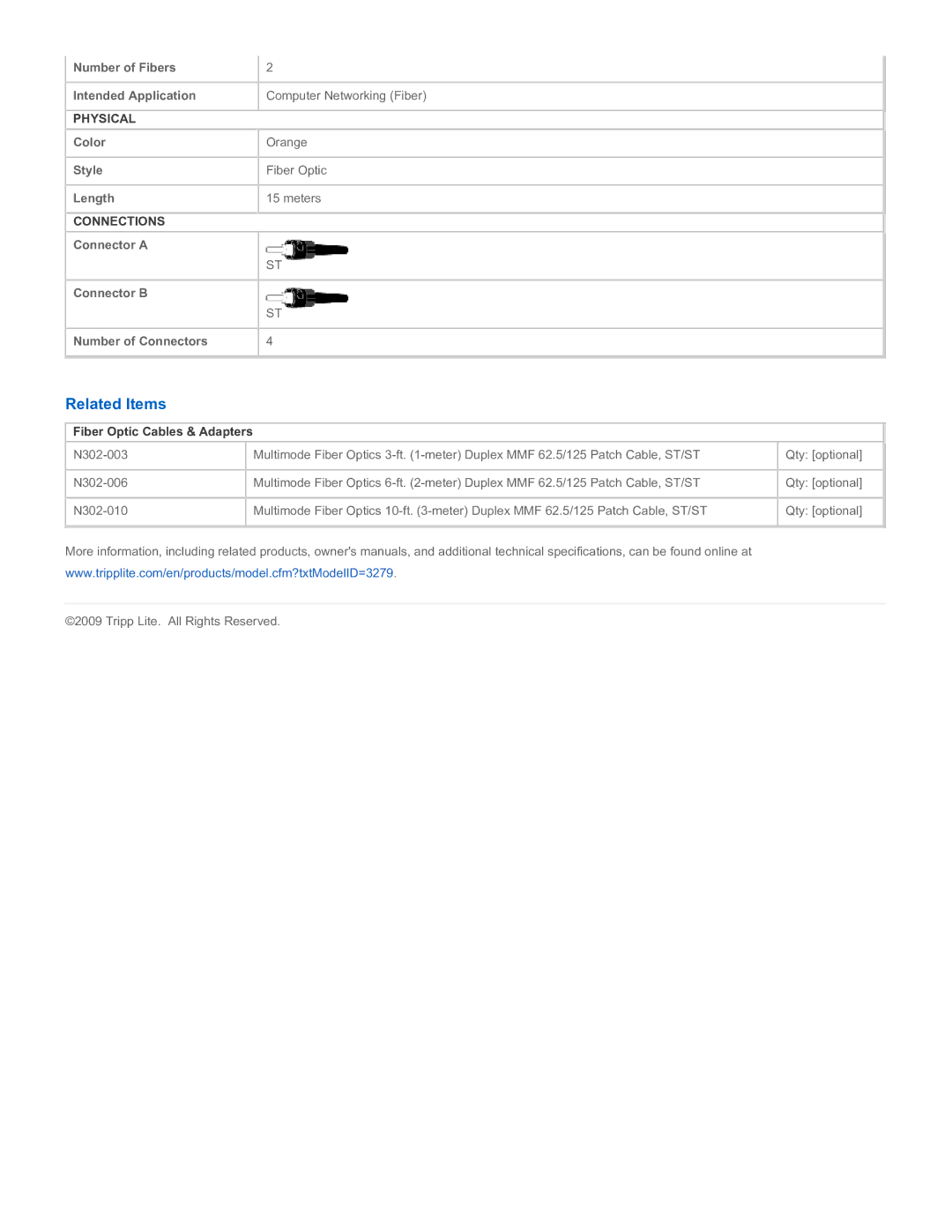 Tripp Lite N302-15M specifications Related Items, Physical, Connections, Fiber Optic Cables & Adapters 
