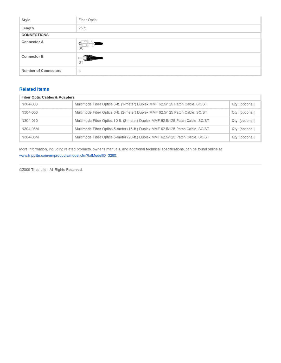 Tripp Lite N304-025 specifications Related Items, Fiber Optic Cables & Adapters 