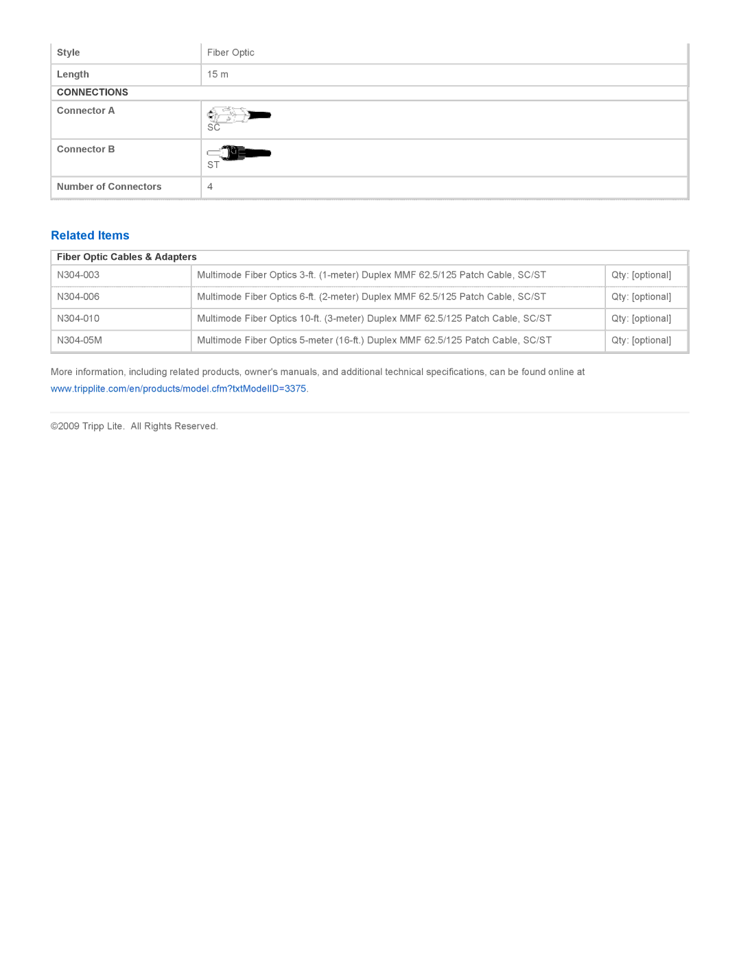 Tripp Lite N304-15M specifications Related Items, Fiber Optic Cables & Adapters 